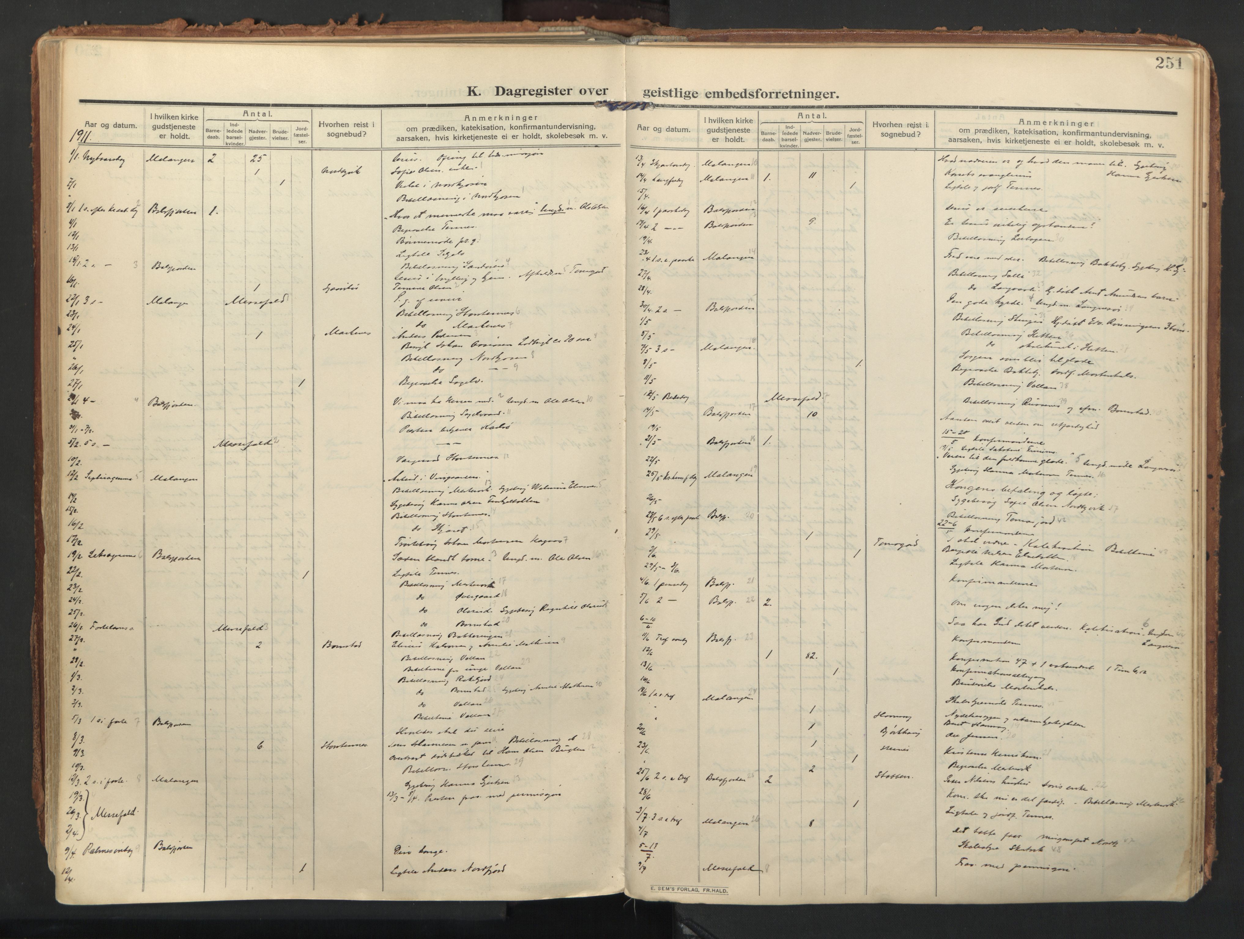 Balsfjord sokneprestembete, AV/SATØ-S-1303/G/Gaa/L0009kirke: Parish register (official) no. 9, 1909-1921, p. 251