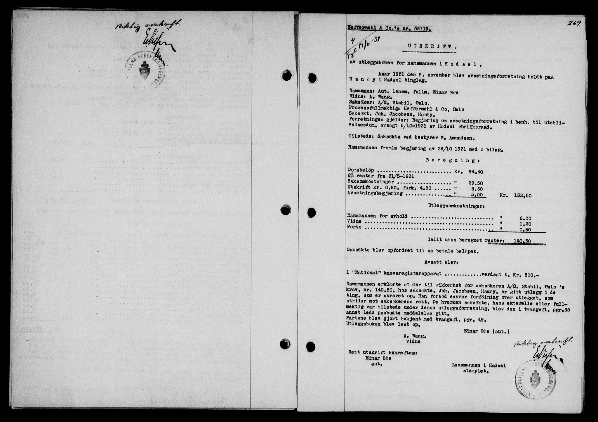 Vesterålen sorenskriveri, SAT/A-4180/1/2/2Ca/L0054: Mortgage book no. 47, 1931-1932, Deed date: 19.11.1931
