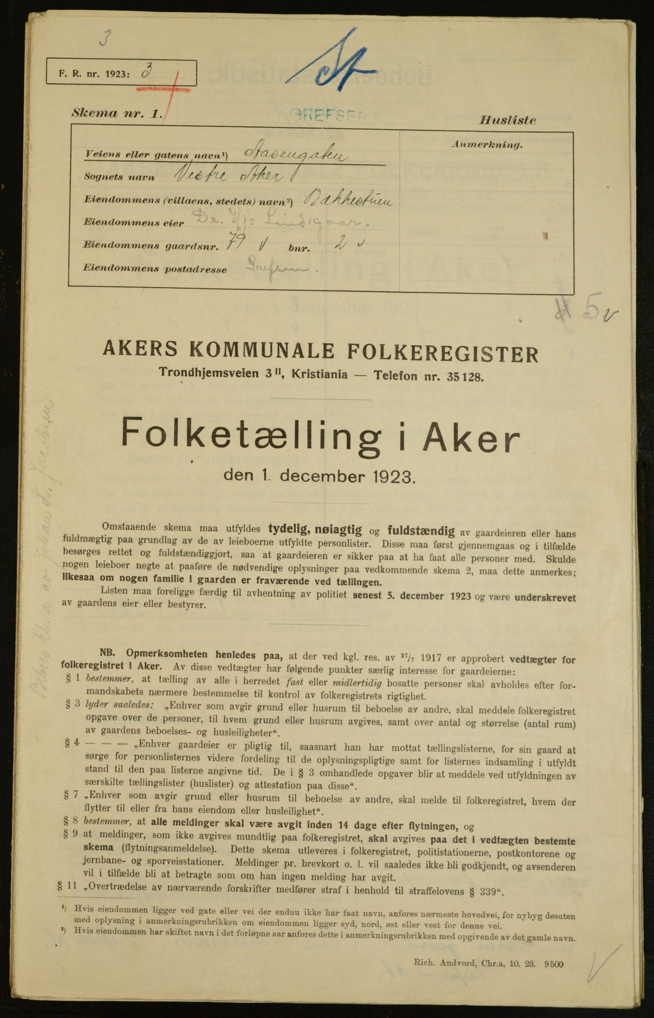 , Municipal Census 1923 for Aker, 1923, p. 7398