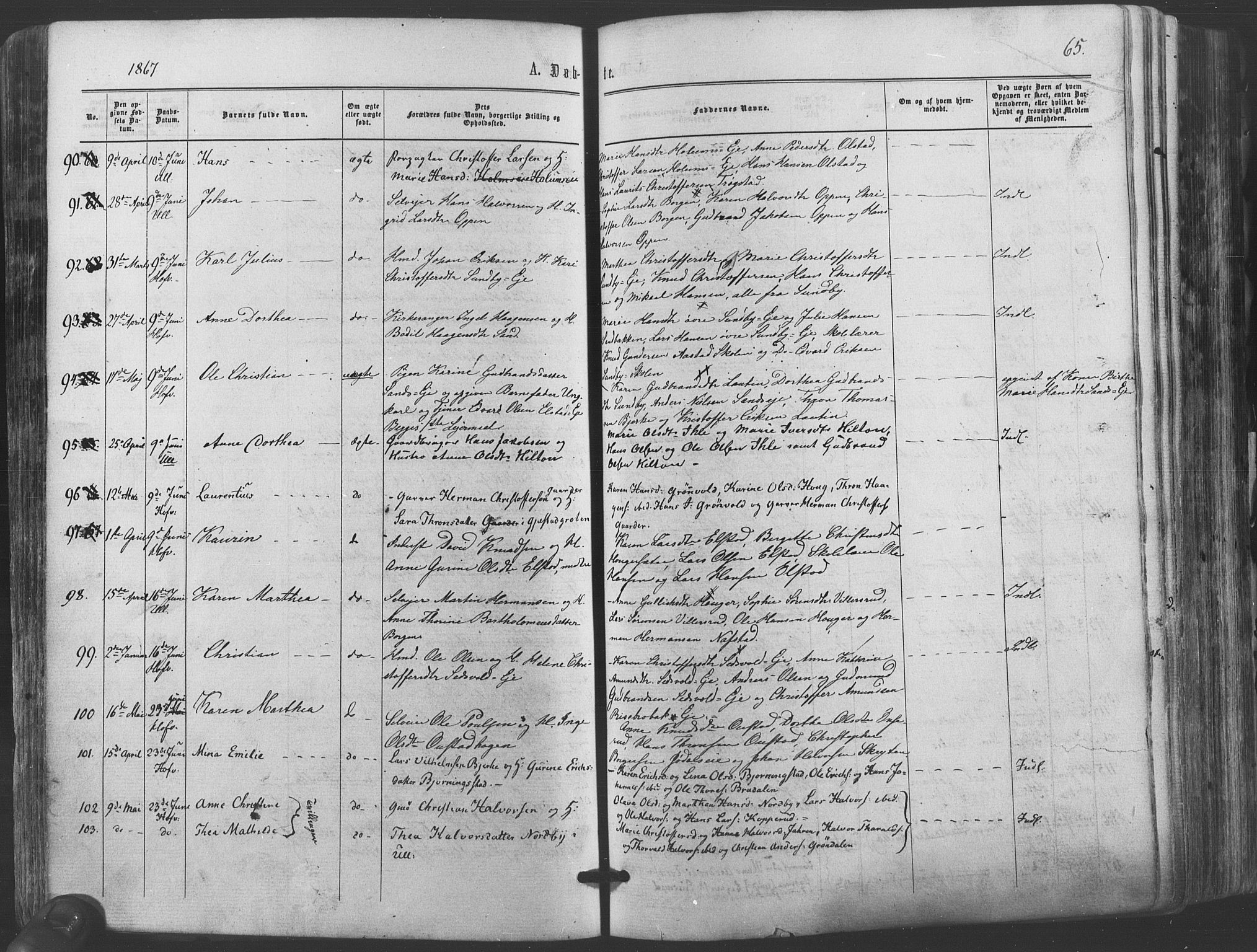 Ullensaker prestekontor Kirkebøker, AV/SAO-A-10236a/F/Fa/L0016: Parish register (official) no. I 16, 1863-1875, p. 65