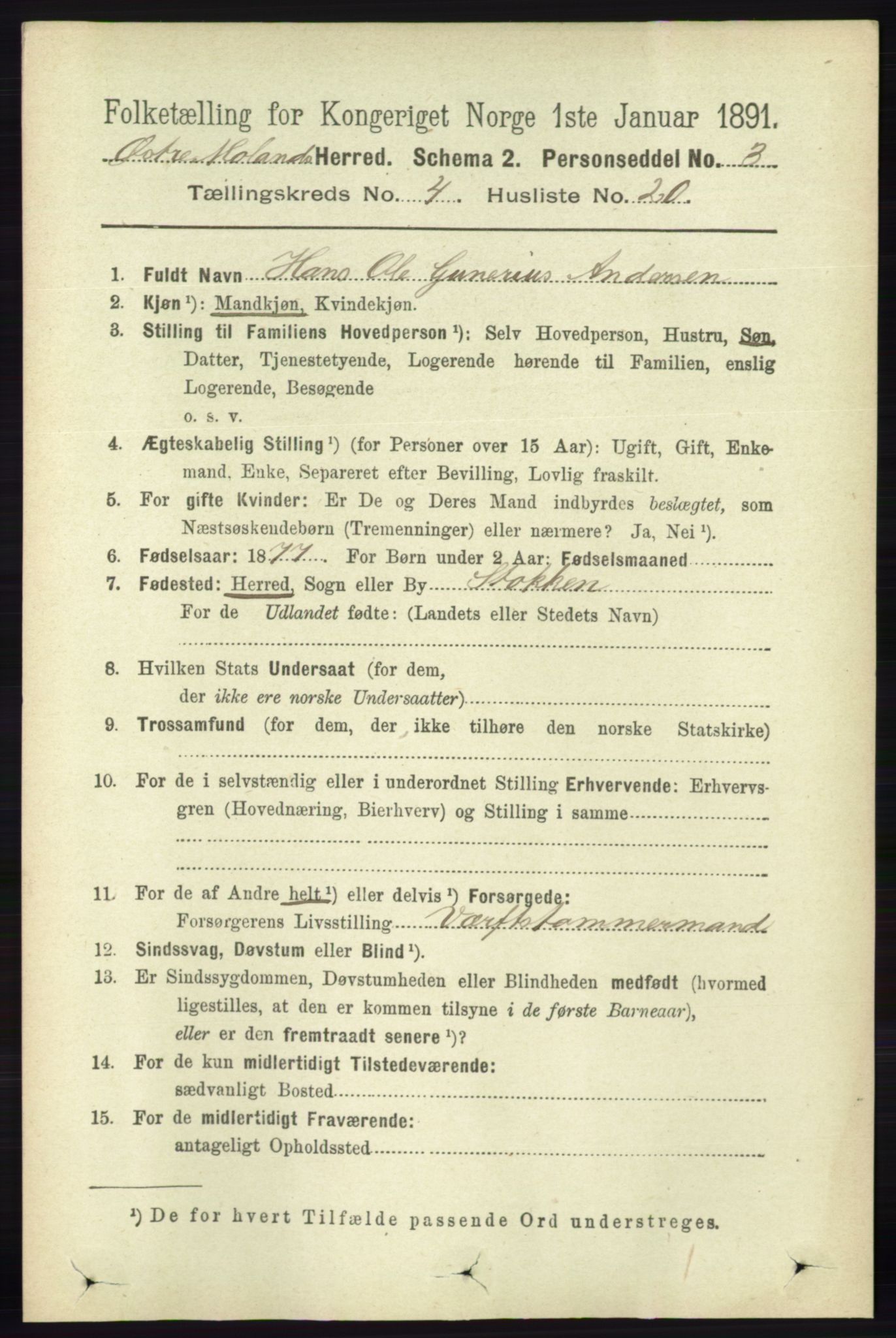 RA, 1891 census for 0918 Austre Moland, 1891, p. 2164
