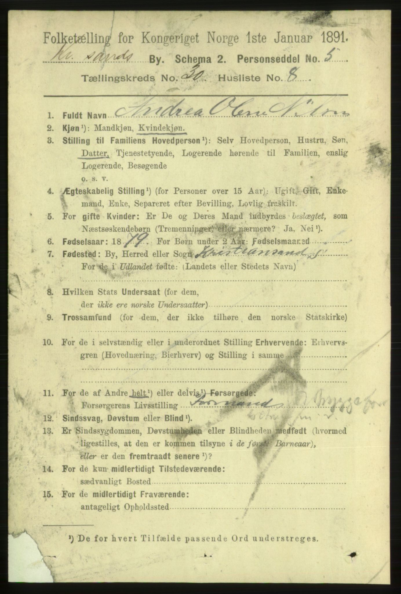 RA, 1891 census for 1001 Kristiansand, 1891, p. 9715