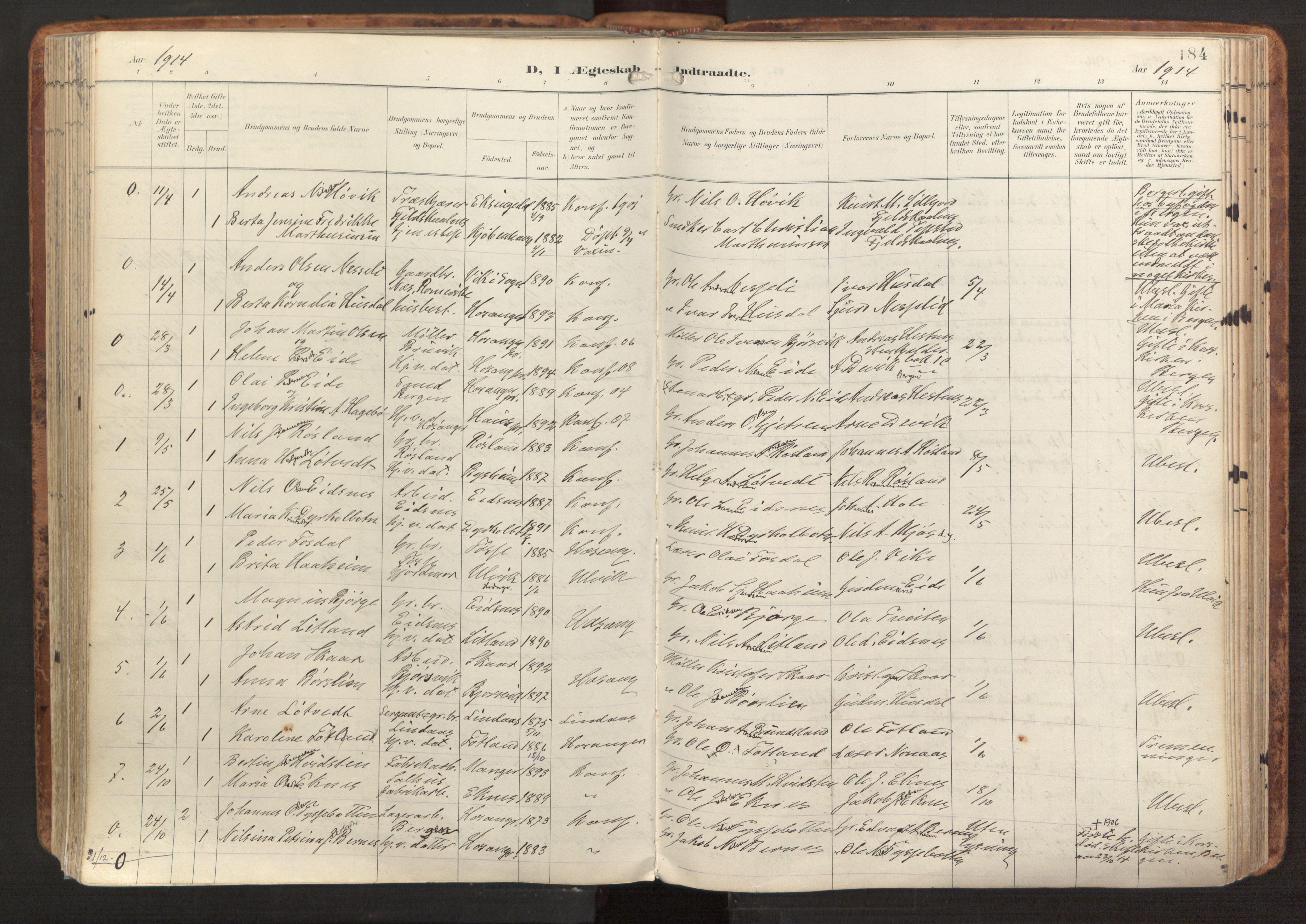 Hosanger sokneprestembete, AV/SAB-A-75801/H/Haa: Parish register (official) no. B 2, 1897-1923, p. 184