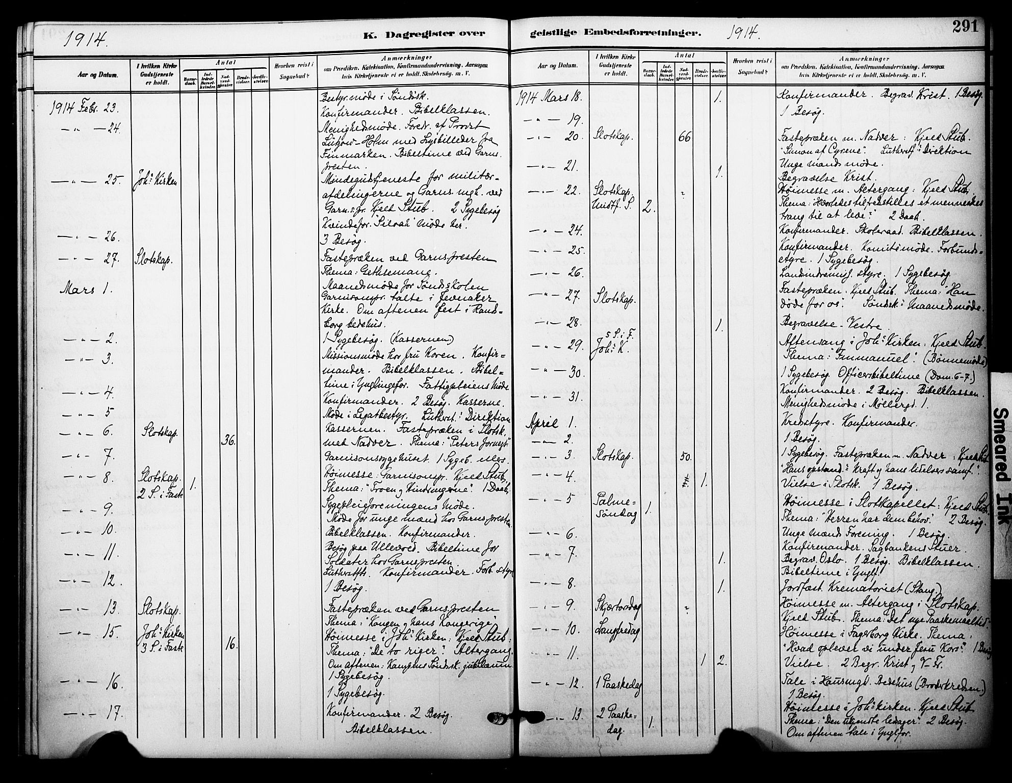 Garnisonsmenigheten Kirkebøker, AV/SAO-A-10846/F/Fa/L0014: Parish register (official) no. 14, 1905-1914, p. 291