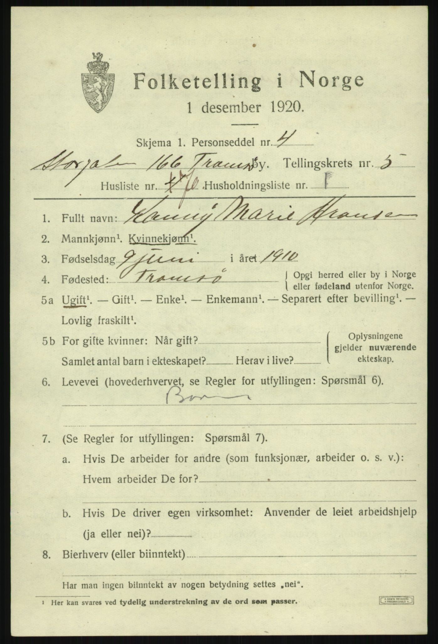 SATØ, 1920 census for Tromsø, 1920, p. 14917