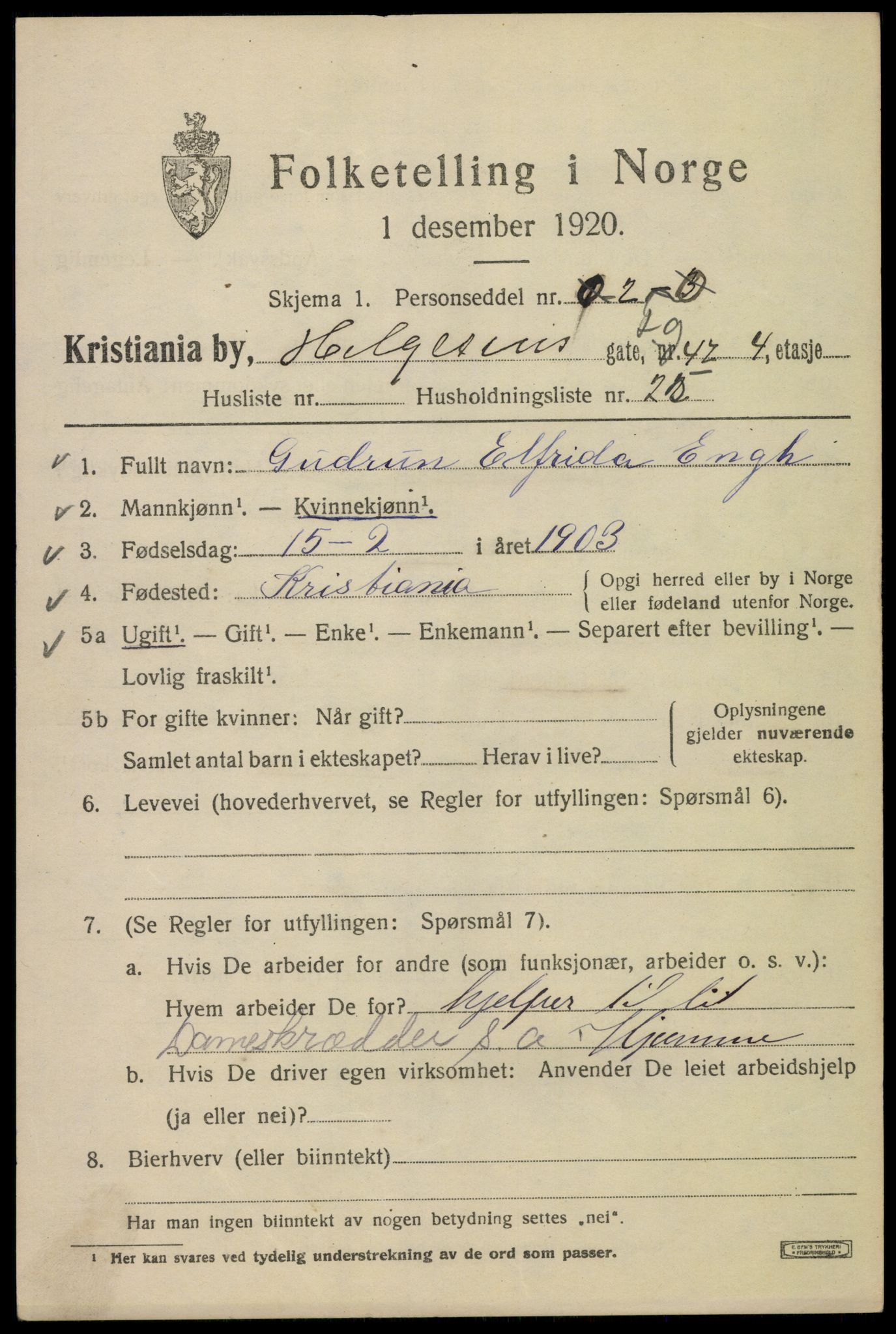 SAO, 1920 census for Kristiania, 1920, p. 285375