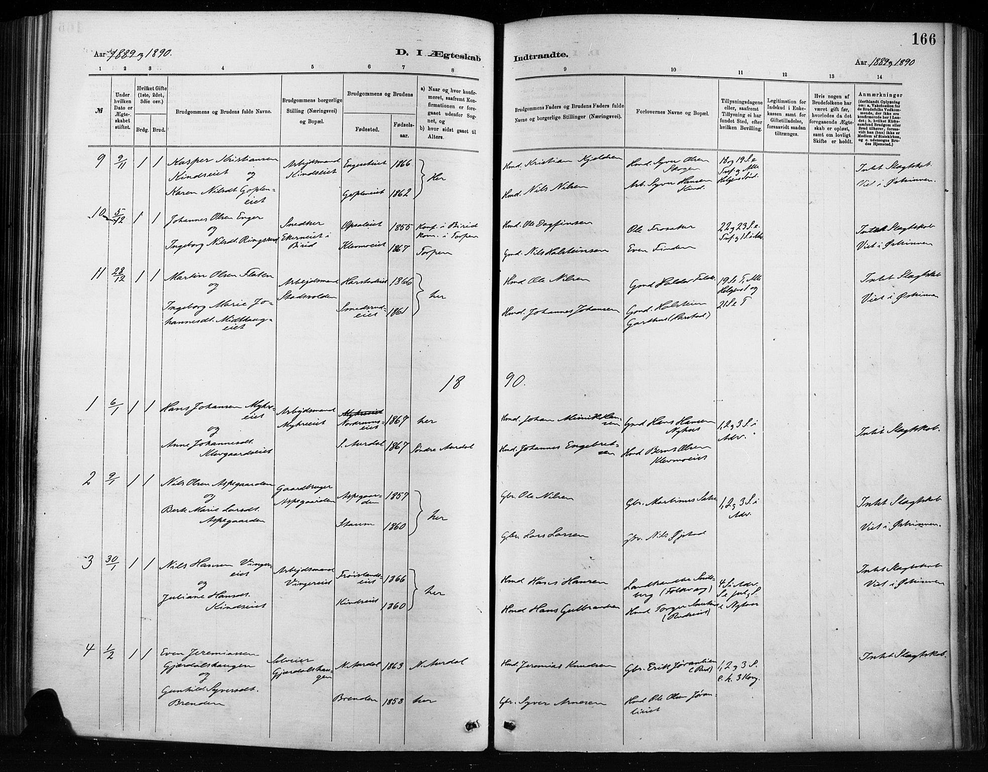 Nordre Land prestekontor, AV/SAH-PREST-124/H/Ha/Haa/L0004: Parish register (official) no. 4, 1882-1896, p. 166