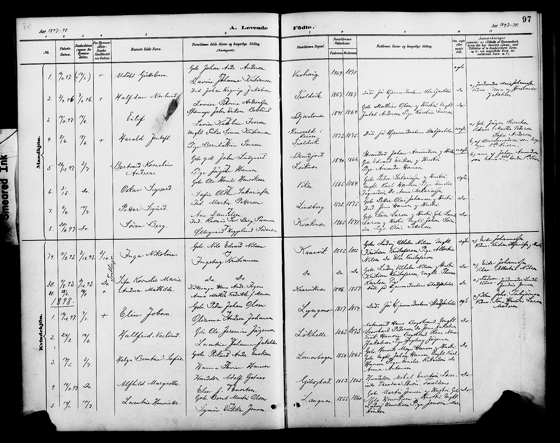 Lenvik sokneprestembete, SATØ/S-1310/H/Ha/Haa/L0013kirke: Parish register (official) no. 13, 1890-1898, p. 97