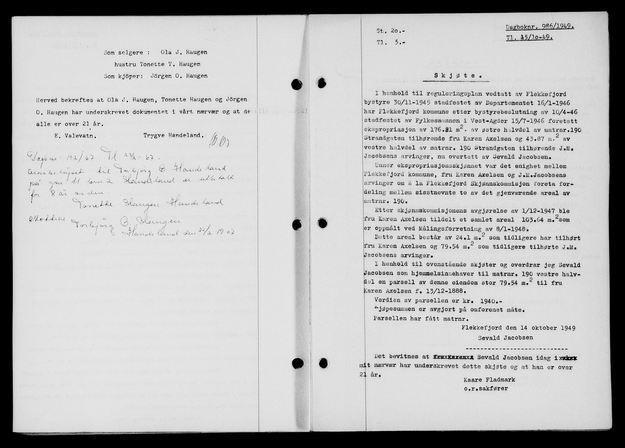Flekkefjord sorenskriveri, SAK/1221-0001/G/Gb/Gba/L0065: Mortgage book no. A-13, 1949-1949, Diary no: : 986/1949