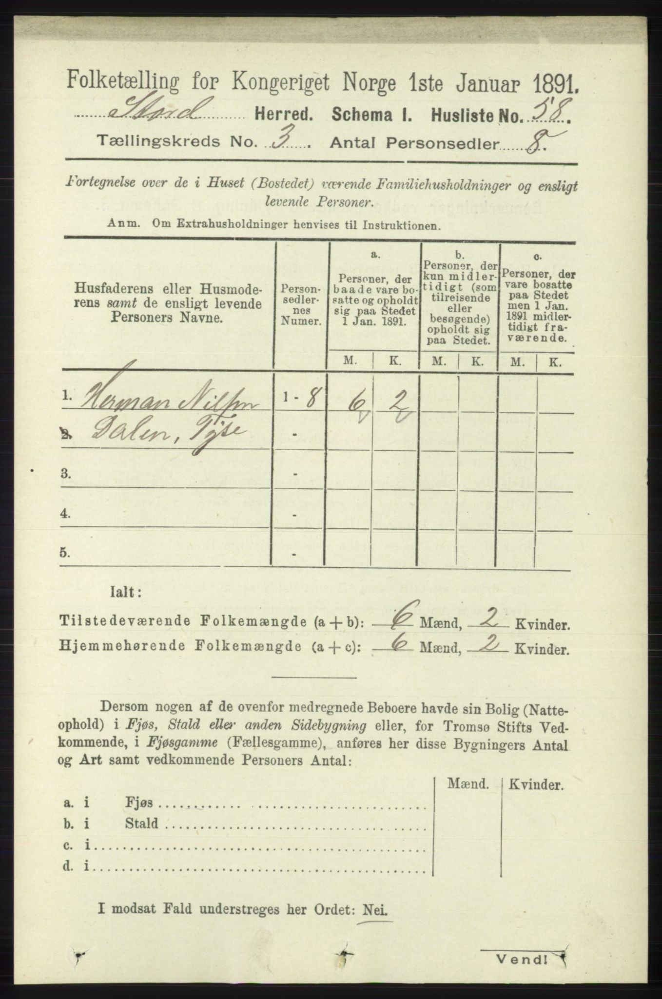 RA, 1891 census for 1221 Stord, 1891, p. 524