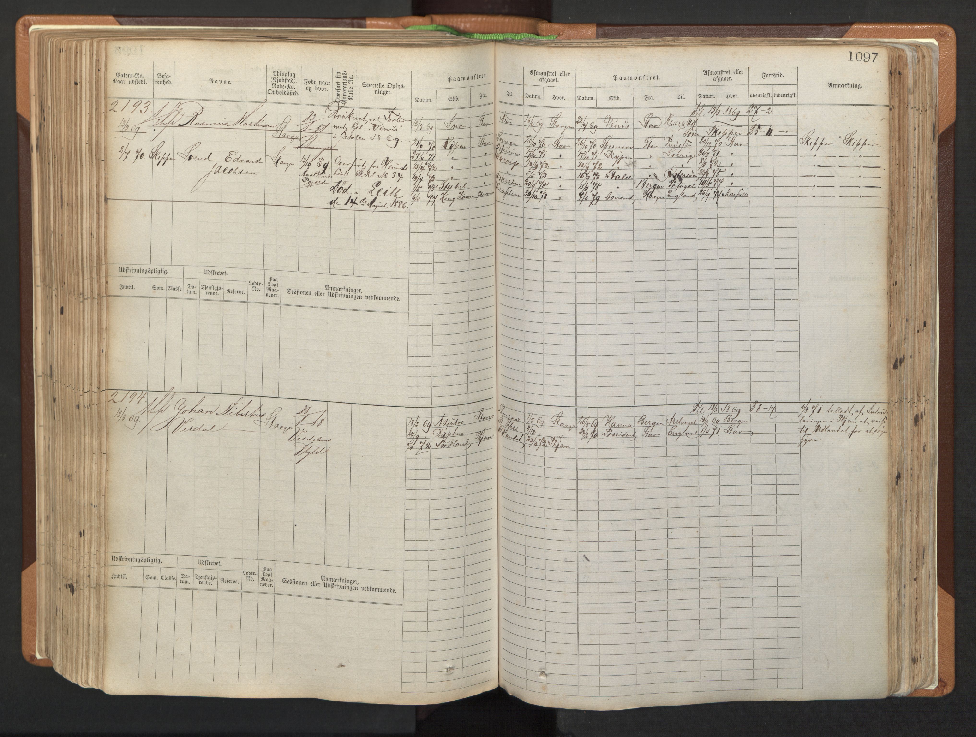 Stavanger sjømannskontor, AV/SAST-A-102006/F/Fb/Fbb/L0006: Sjøfartshovedrulle, patentnr. 1607-2402 (del 3), 1869-1880, p. 297