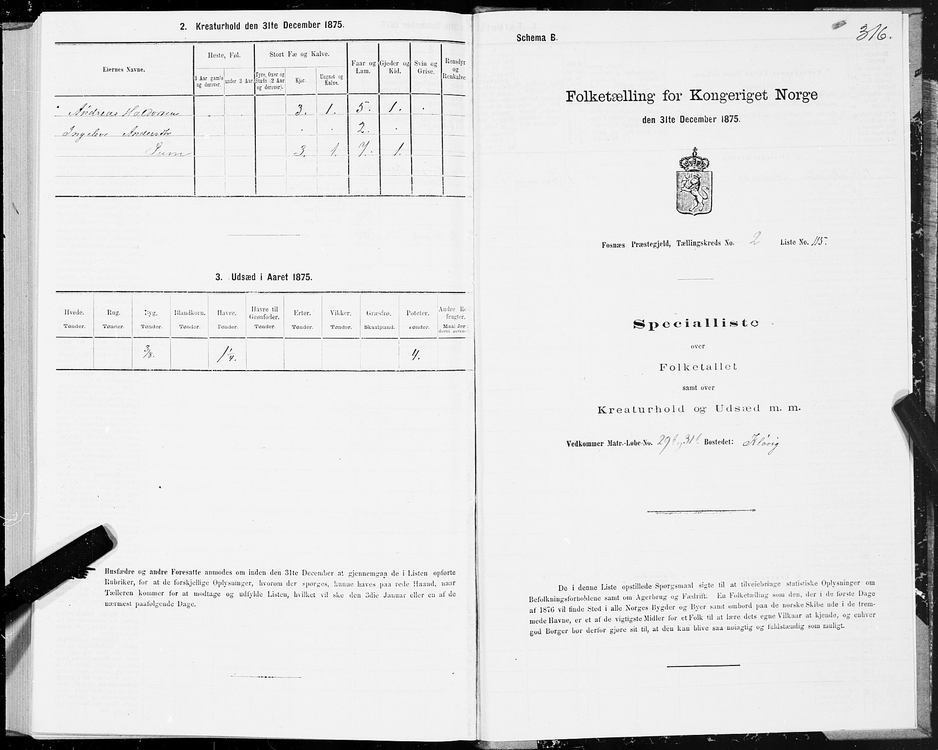 SAT, 1875 census for 1748P Fosnes, 1875, p. 3316