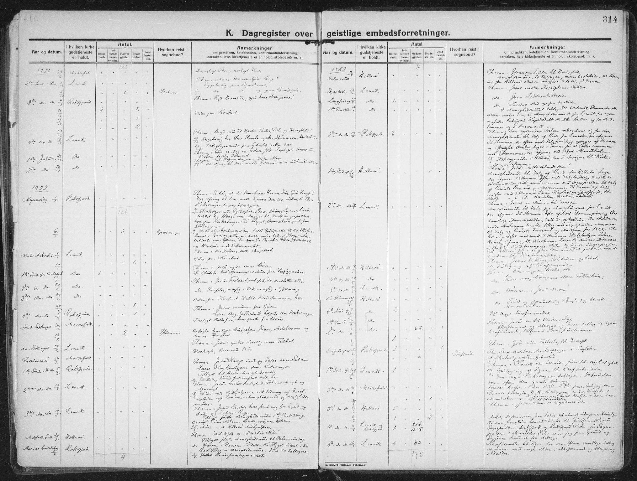 Lenvik sokneprestembete, SATØ/S-1310/H/Ha/Haa/L0016kirke: Parish register (official) no. 16, 1910-1924, p. 314