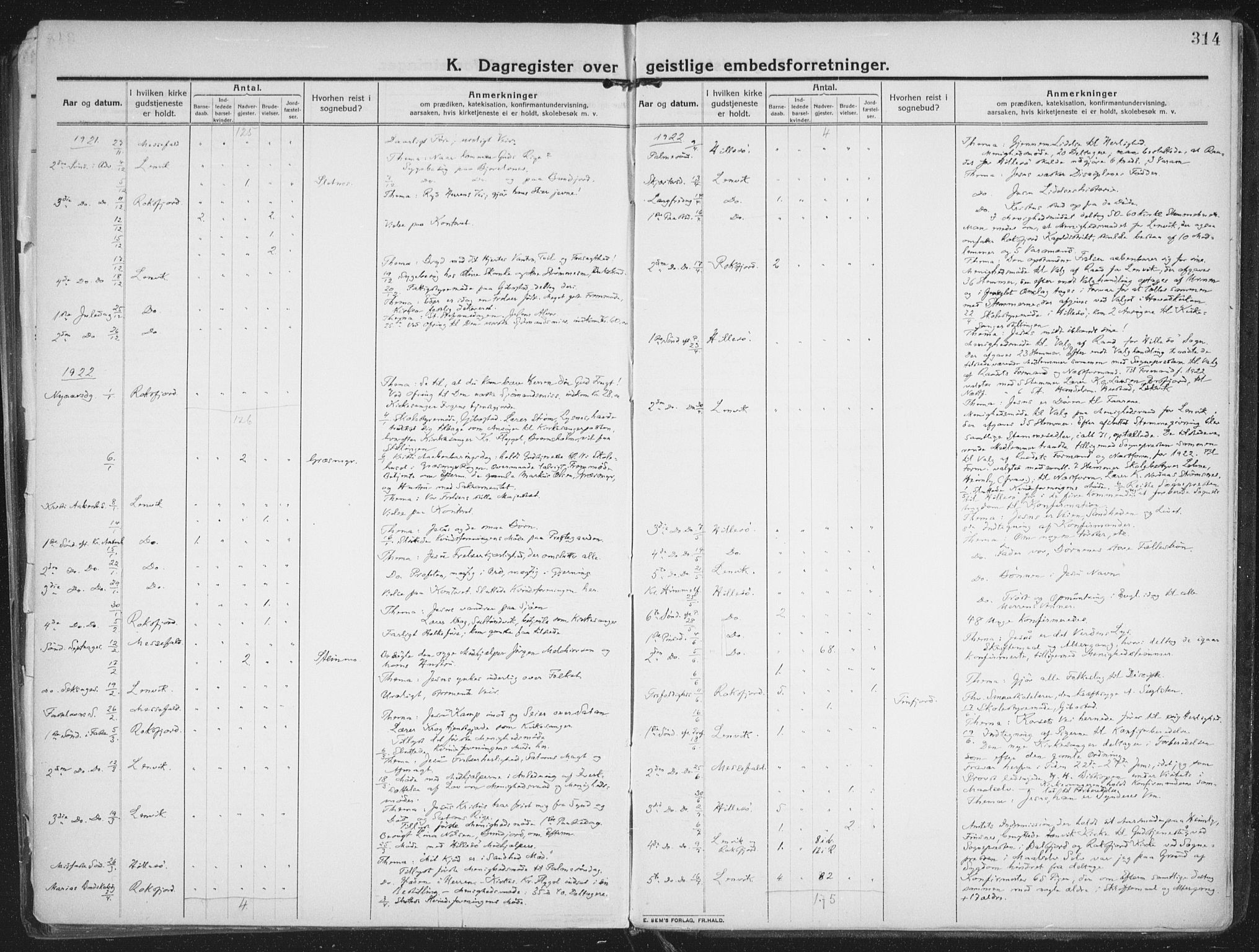 Lenvik sokneprestembete, AV/SATØ-S-1310/H/Ha/Haa/L0016kirke: Parish register (official) no. 16, 1910-1924, p. 314