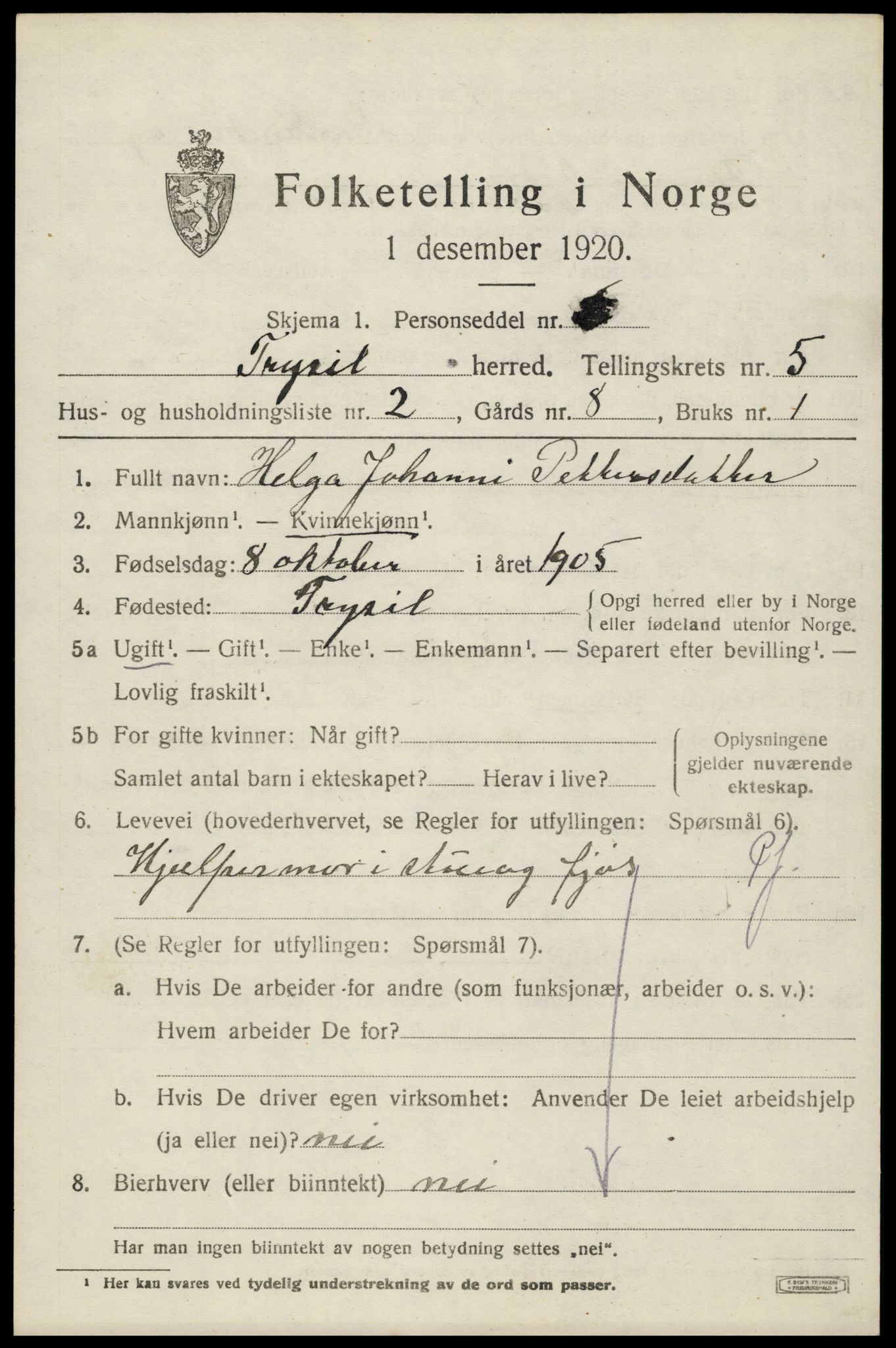 SAH, 1920 census for Trysil, 1920, p. 4333