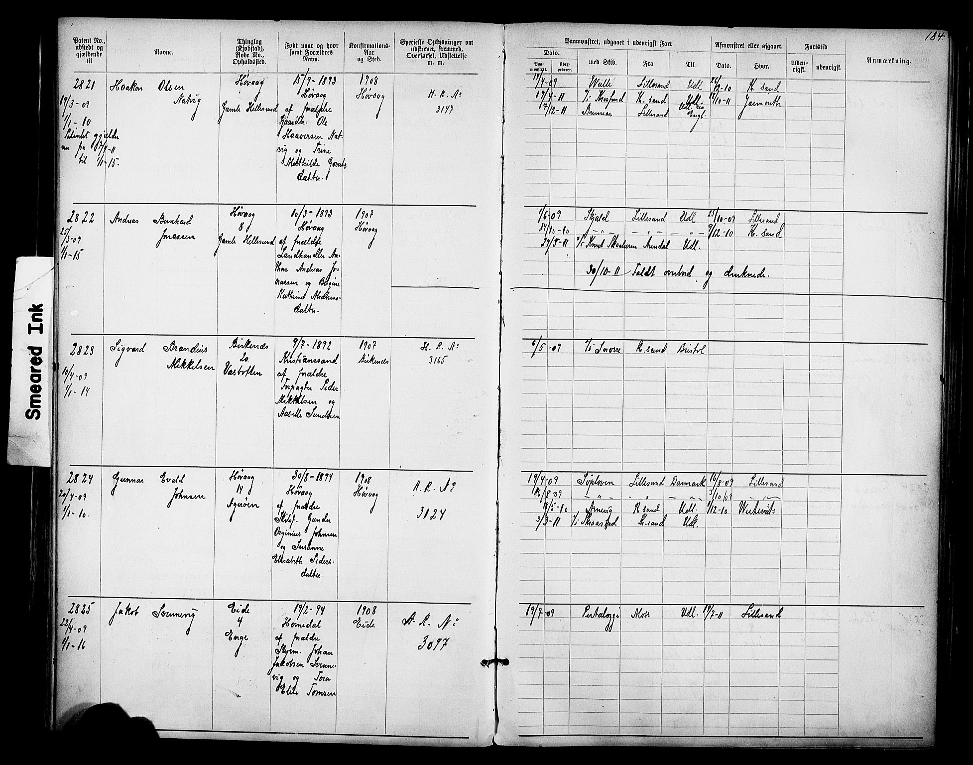 Lillesand mønstringskrets, AV/SAK-2031-0014/F/Fa/L0003: Annotasjonsrulle nr 1911-3489 med register, W-9, 1891-1932, p. 215