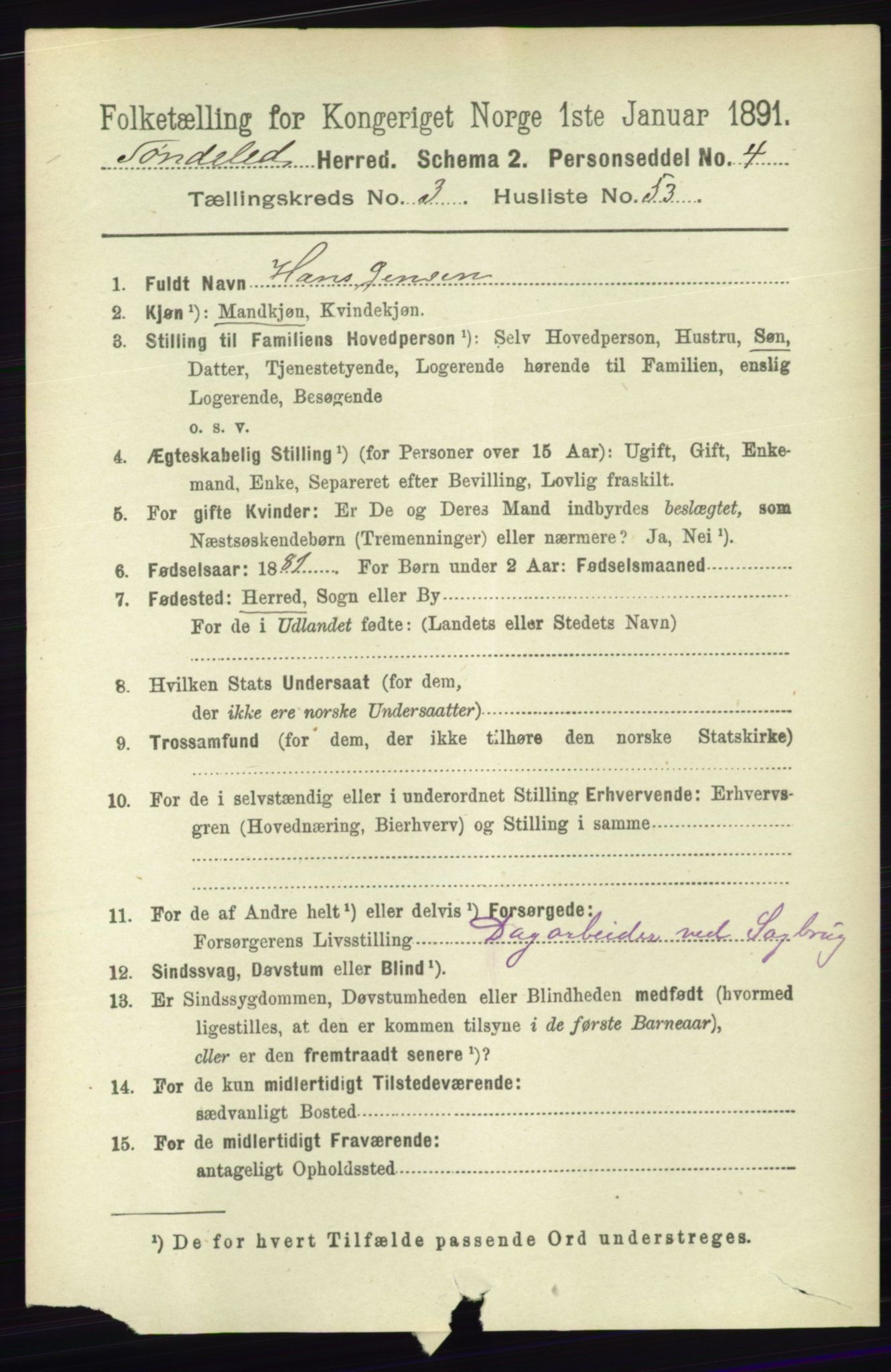 RA, 1891 census for 0913 Søndeled, 1891, p. 872