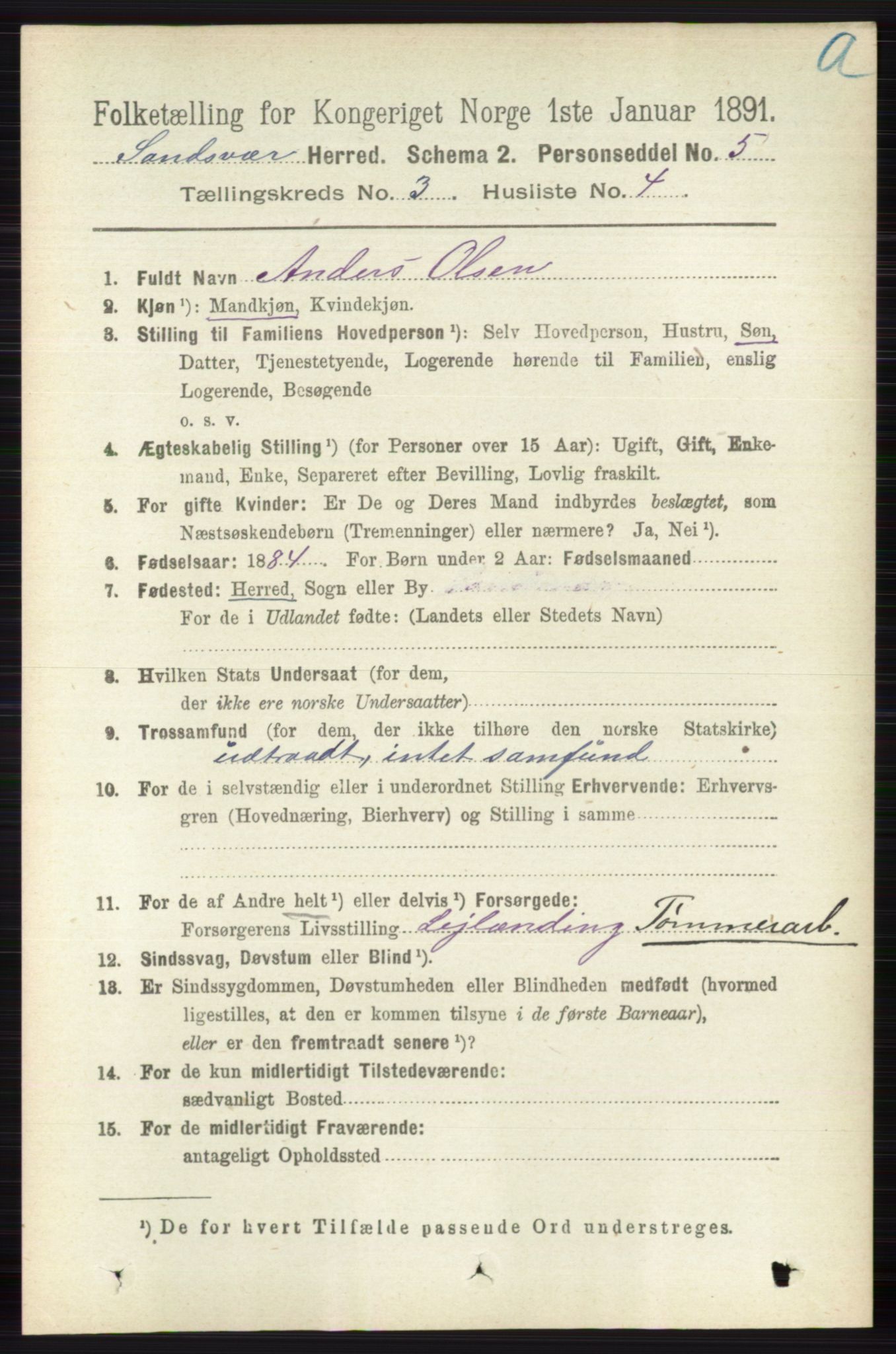 RA, 1891 census for 0629 Sandsvær, 1891, p. 1314