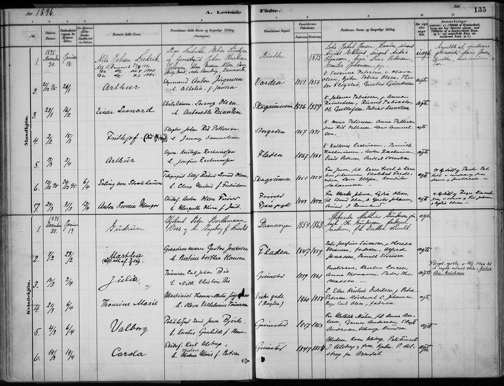 Grimstad sokneprestkontor, AV/SAK-1111-0017/F/Fa/L0003: Parish register (official) no. A 2, 1882-1912, p. 135