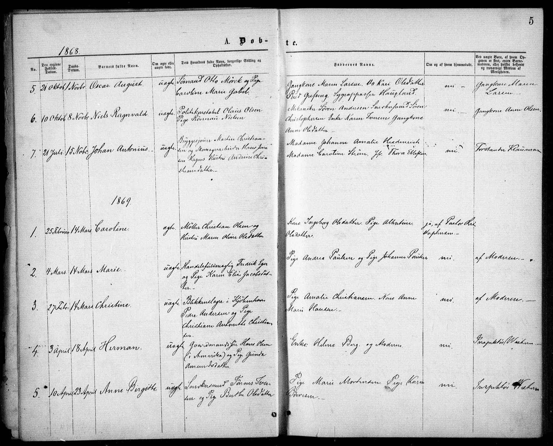 Krohgstøtten sykehusprest Kirkebøker, SAO/A-10854/F/Fa/L0001: Parish register (official) no. 1, 1865-1873, p. 5