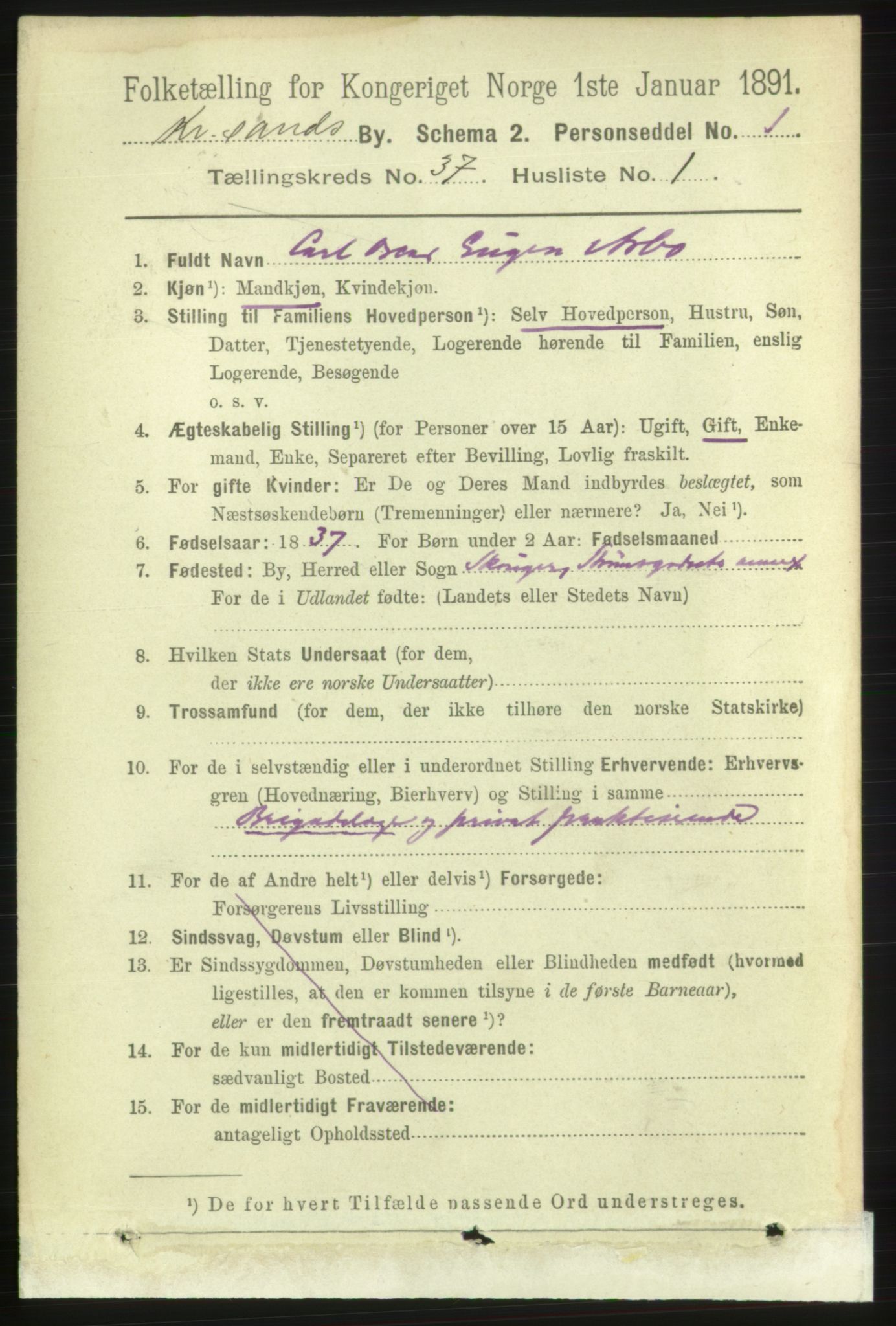 RA, 1891 census for 1001 Kristiansand, 1891, p. 11644