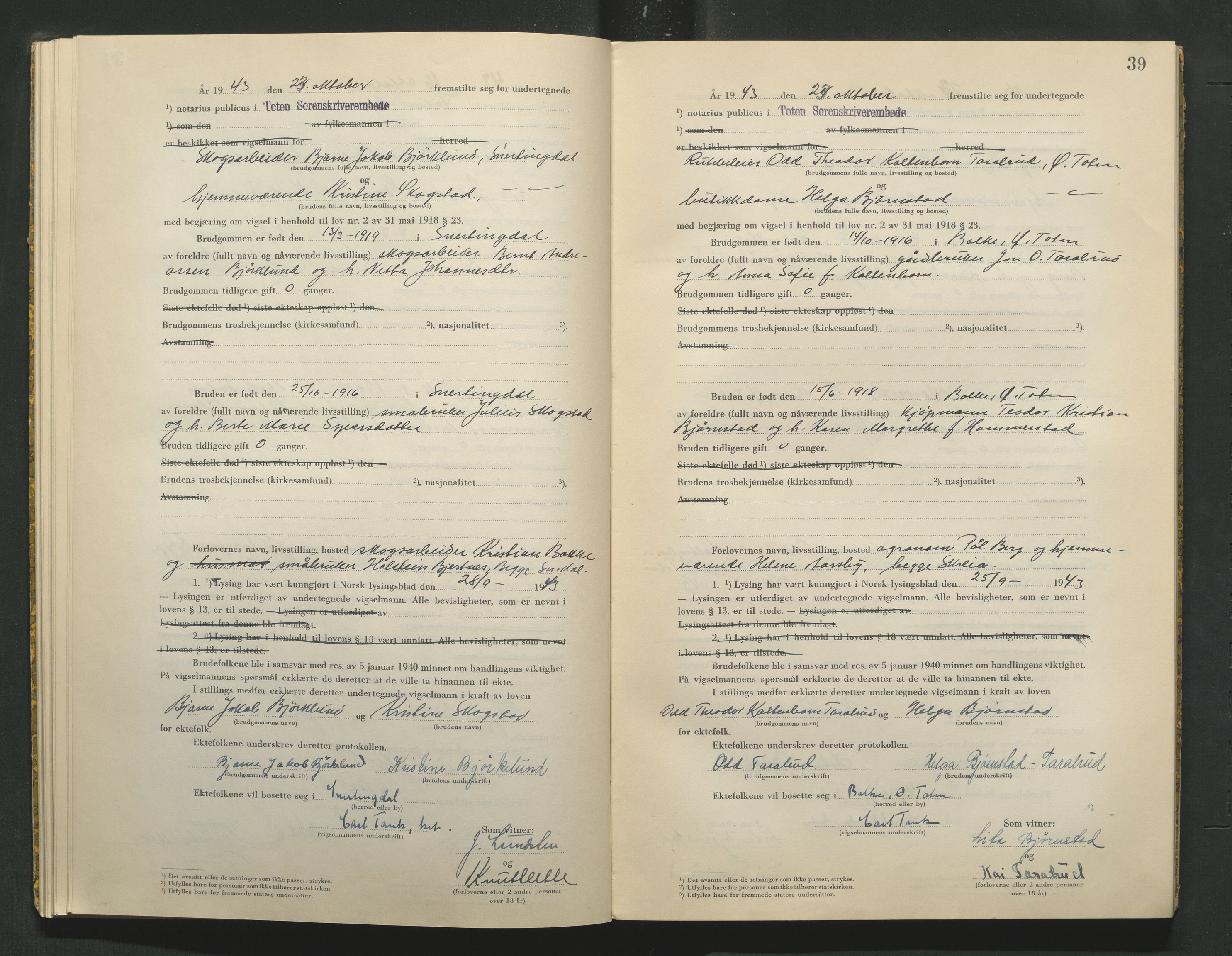 Toten tingrett, AV/SAH-TING-006/L/Lc/L0003: Vigselbok, 1943-1944, p. 39