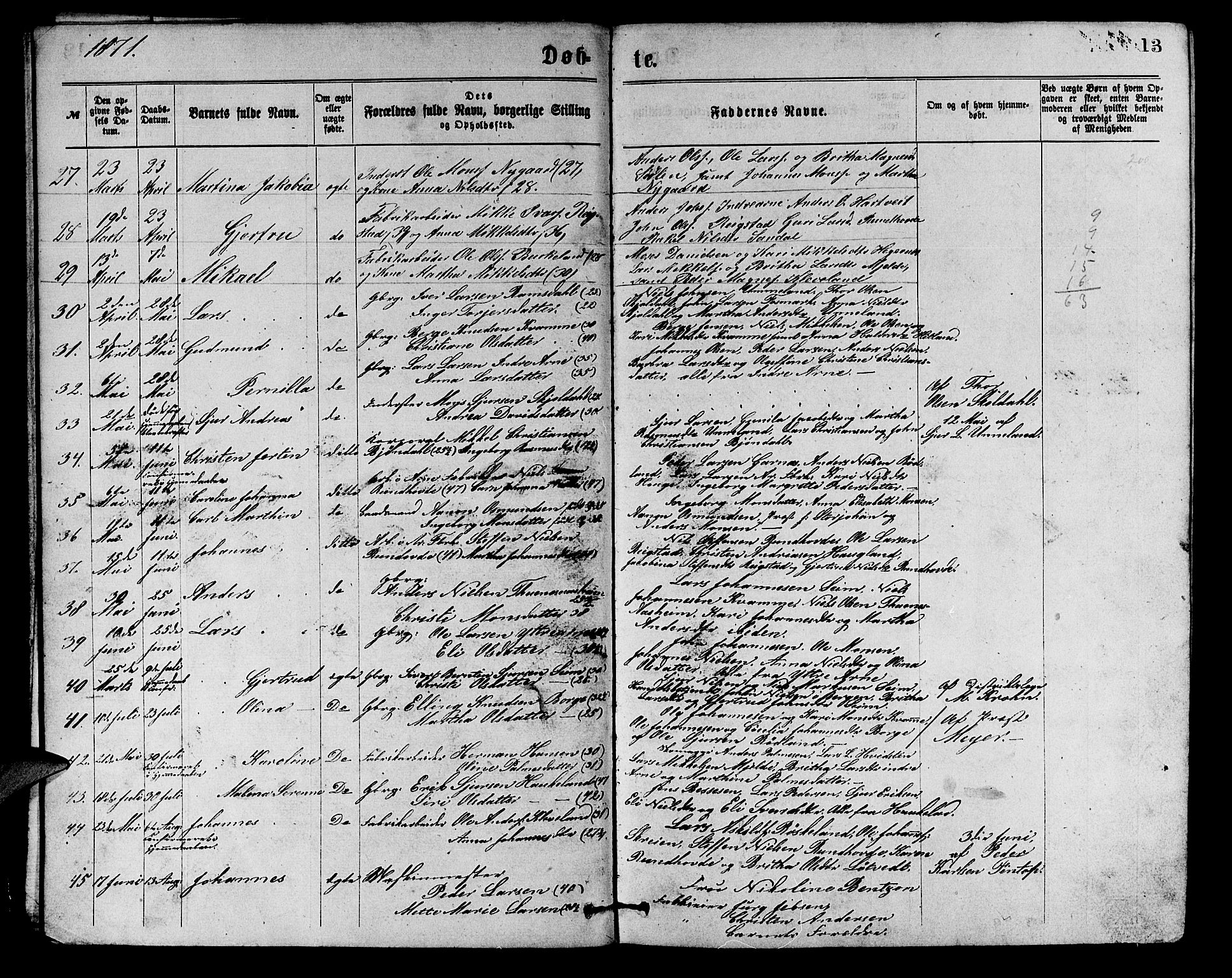 Arna Sokneprestembete, SAB/A-74001/H/Ha/Hab: Parish register (copy) no. A 1, 1869-1879, p. 13