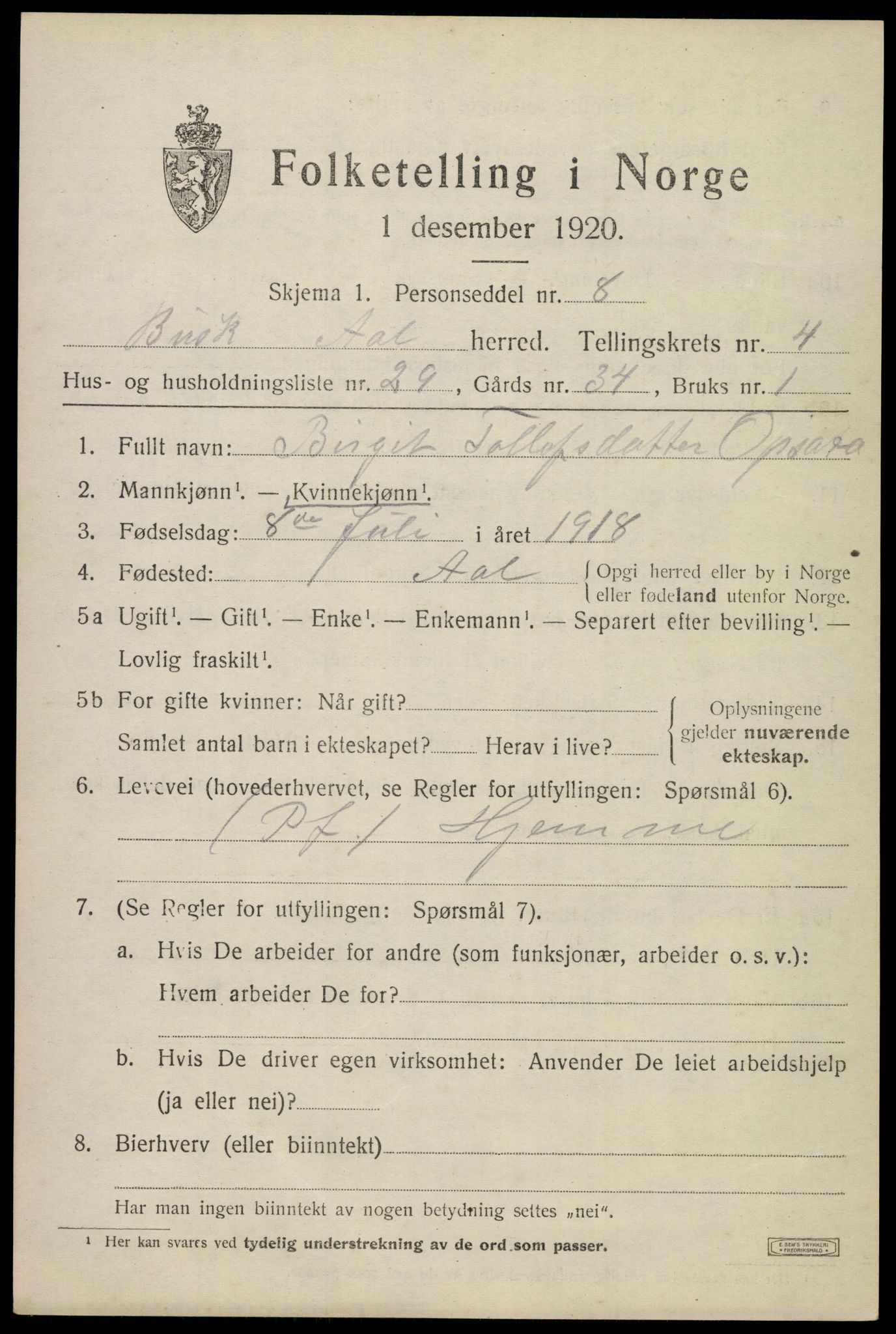 SAKO, 1920 census for Ål, 1920, p. 3312