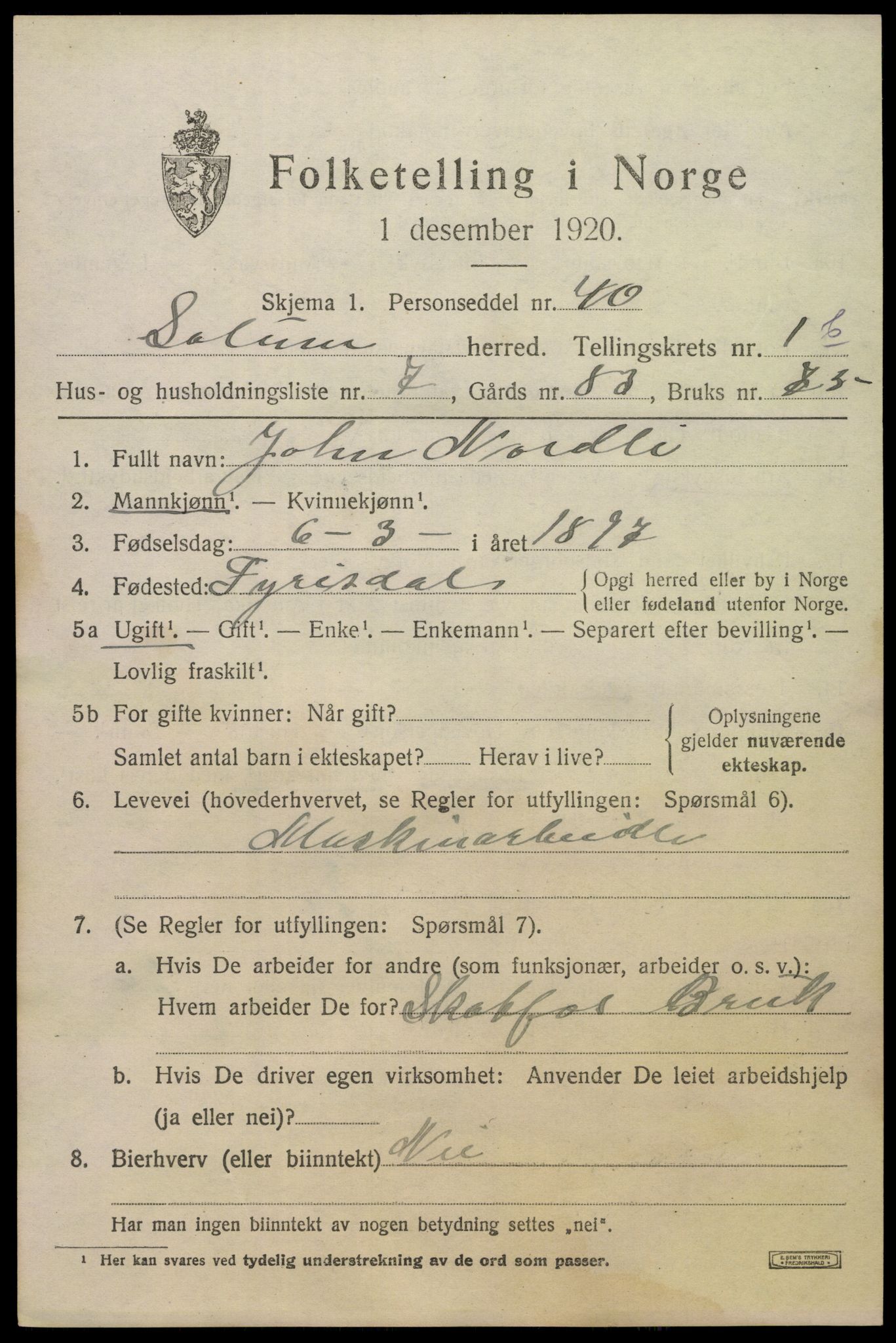 SAKO, 1920 census for Solum, 1920, p. 4208