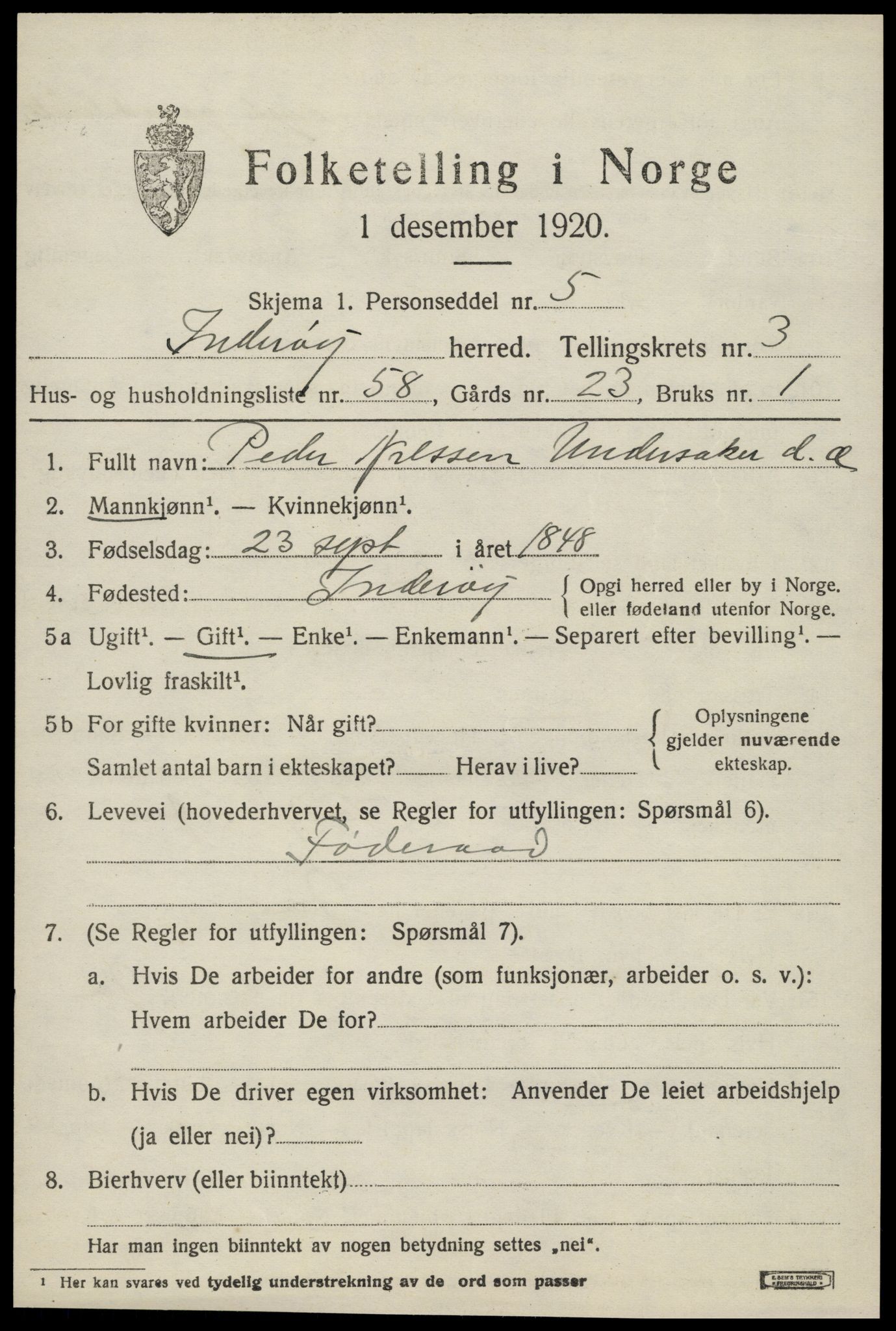 SAT, 1920 census for Inderøy, 1920, p. 3333