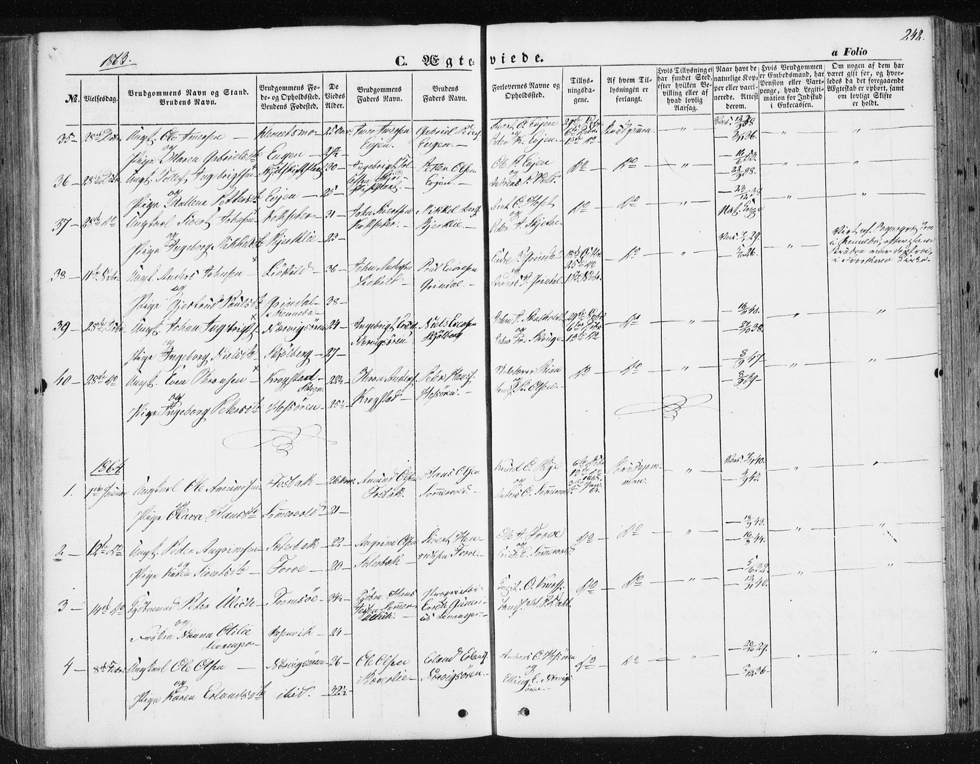Ministerialprotokoller, klokkerbøker og fødselsregistre - Sør-Trøndelag, SAT/A-1456/668/L0806: Parish register (official) no. 668A06, 1854-1869, p. 242