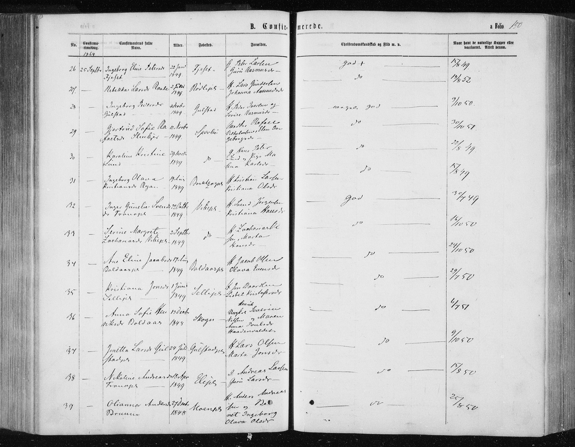 Ministerialprotokoller, klokkerbøker og fødselsregistre - Nord-Trøndelag, AV/SAT-A-1458/735/L0345: Parish register (official) no. 735A08 /1, 1863-1872, p. 150