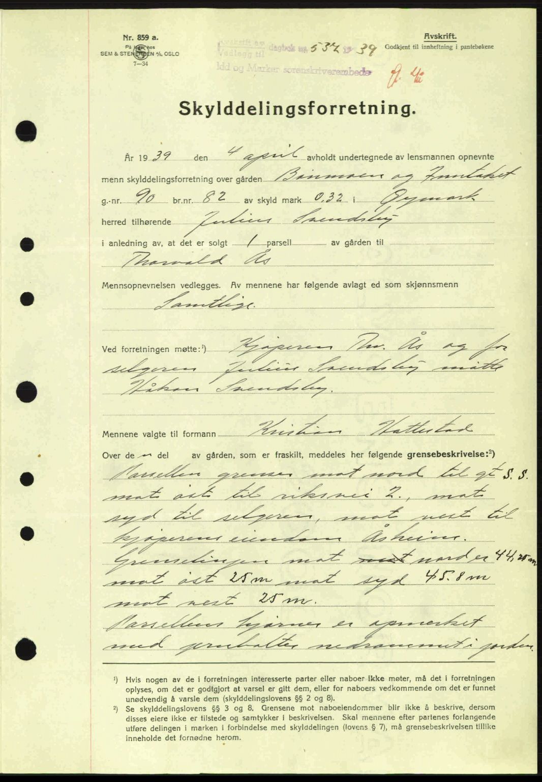 Idd og Marker sorenskriveri, AV/SAO-A-10283/G/Gb/Gbb/L0003: Mortgage book no. A3, 1938-1939, Diary no: : 537/1939