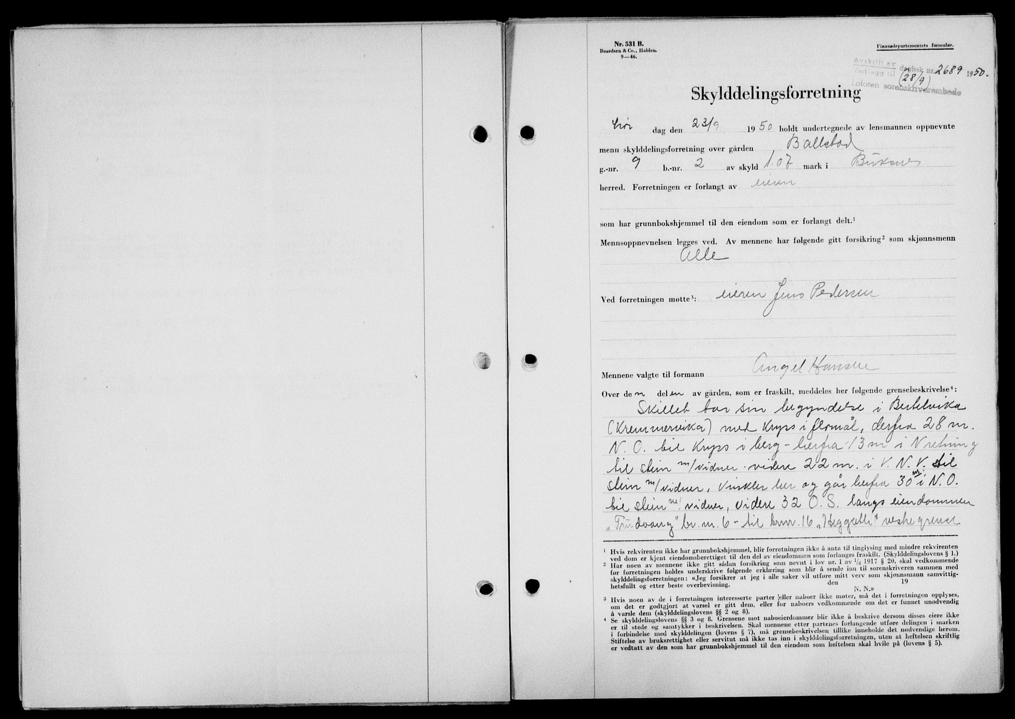 Lofoten sorenskriveri, SAT/A-0017/1/2/2C/L0024a: Mortgage book no. 24a, 1950-1950, Diary no: : 2689/1950