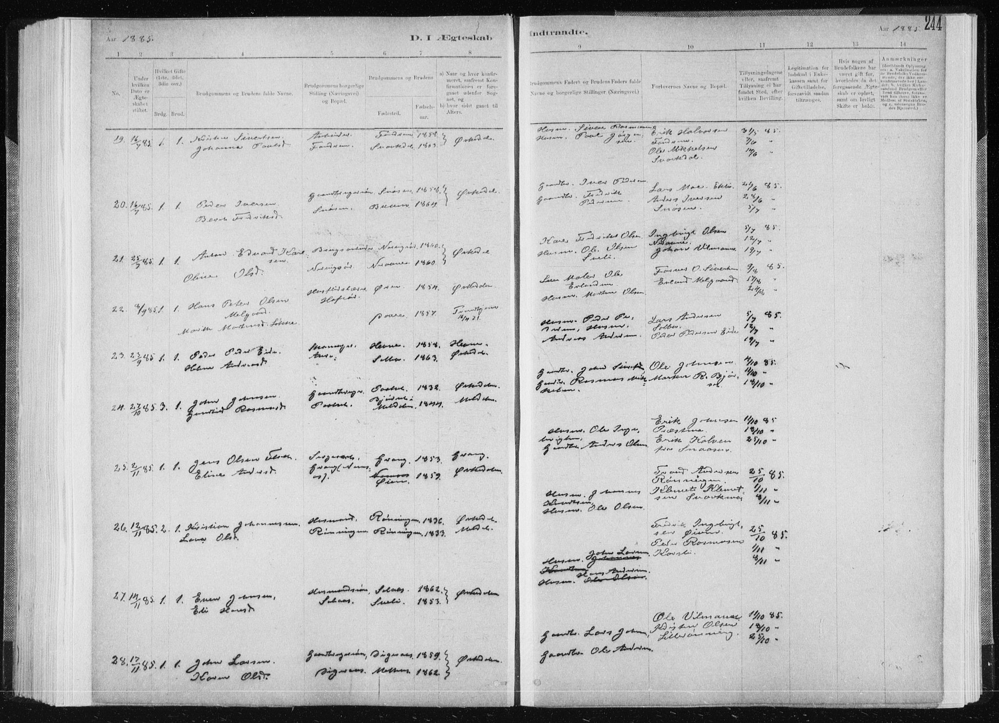 Ministerialprotokoller, klokkerbøker og fødselsregistre - Sør-Trøndelag, SAT/A-1456/668/L0818: Parish register (copy) no. 668C07, 1885-1898, p. 244