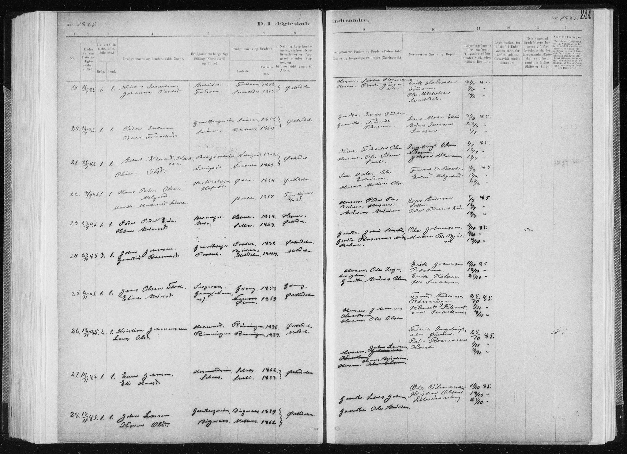 Ministerialprotokoller, klokkerbøker og fødselsregistre - Sør-Trøndelag, AV/SAT-A-1456/668/L0818: Parish register (copy) no. 668C07, 1885-1898, p. 244