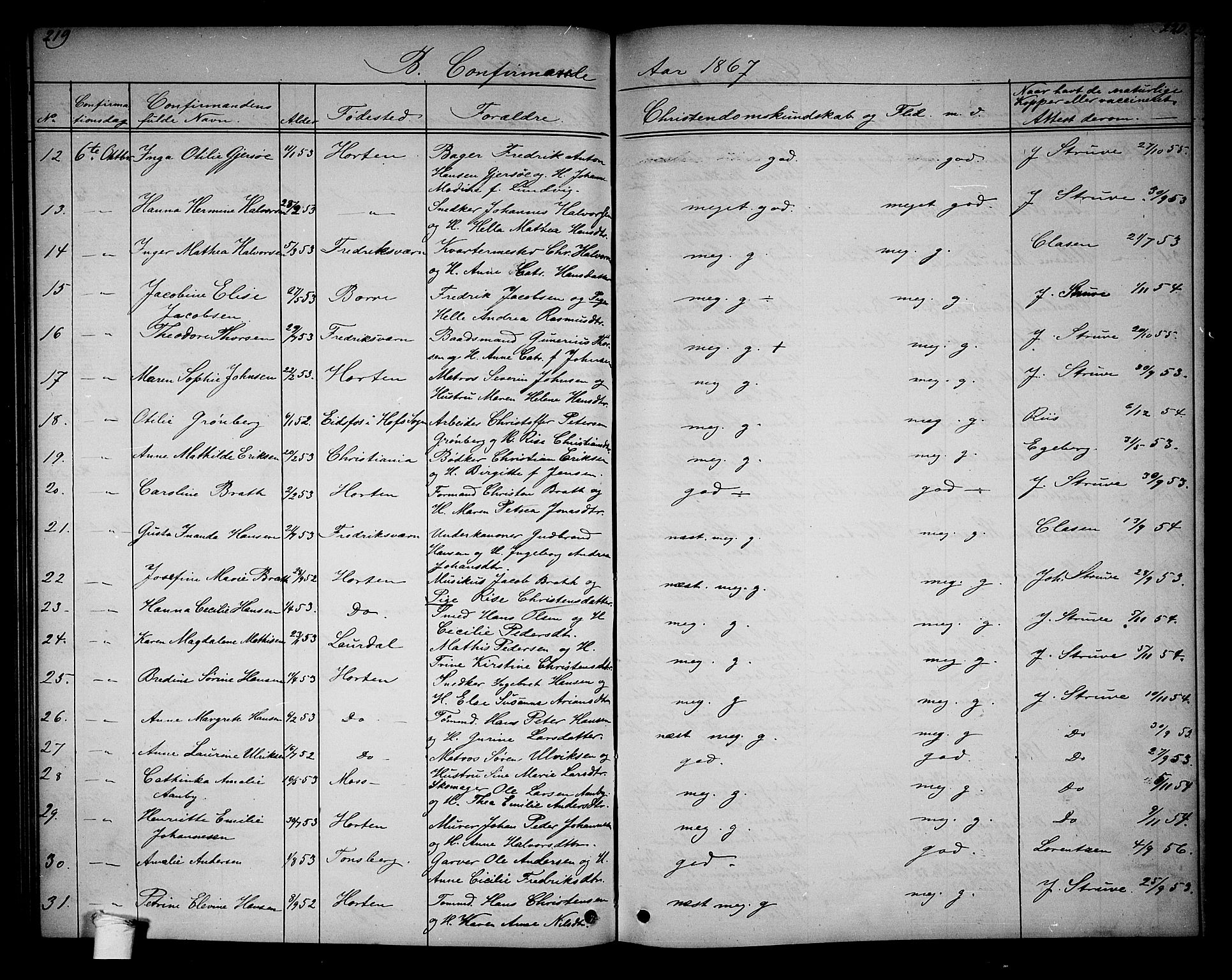 Horten kirkebøker, SAKO/A-348/G/Ga/L0002: Parish register (copy) no. 2, 1864-1871, p. 219-220