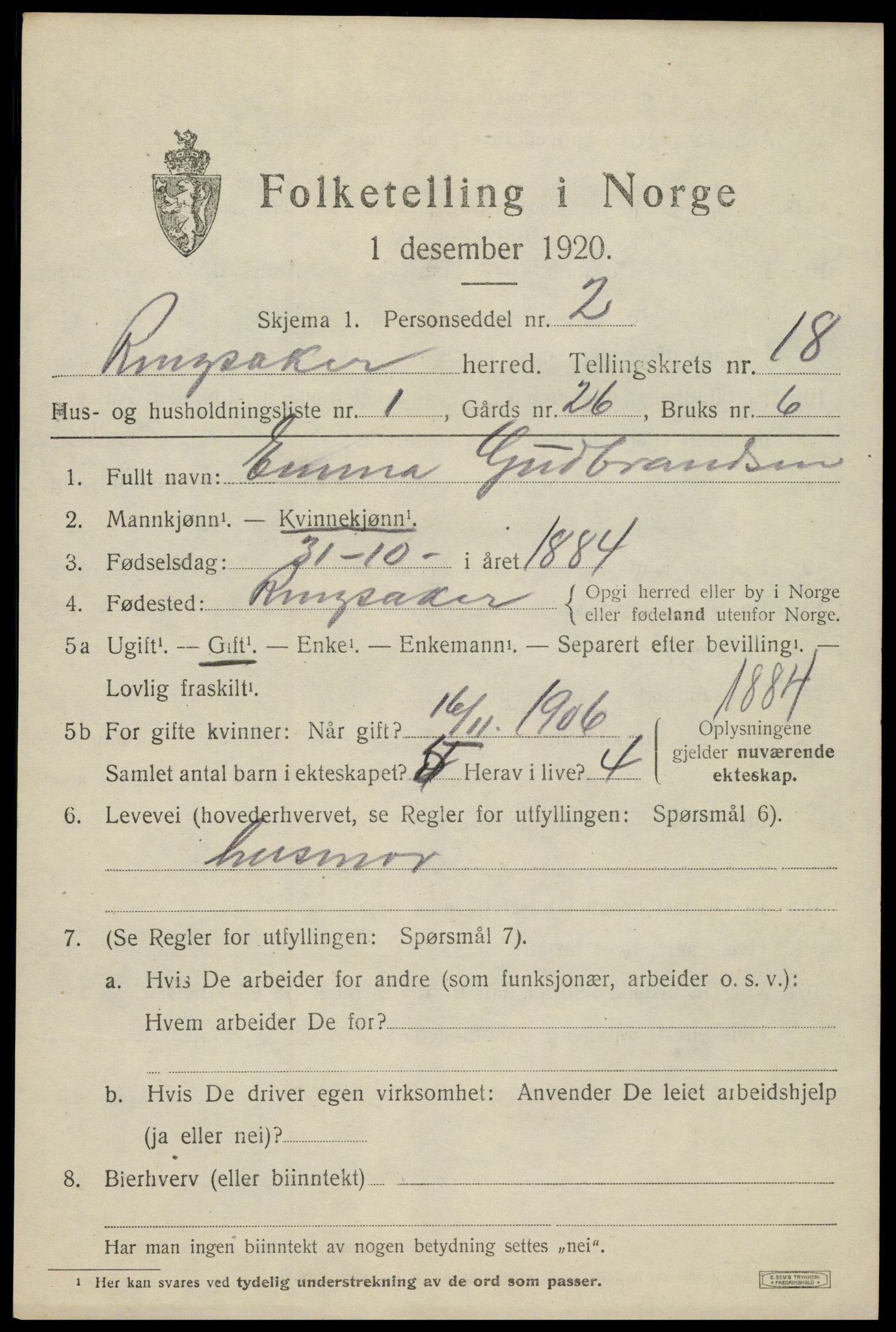 SAH, 1920 census for Ringsaker, 1920, p. 25062