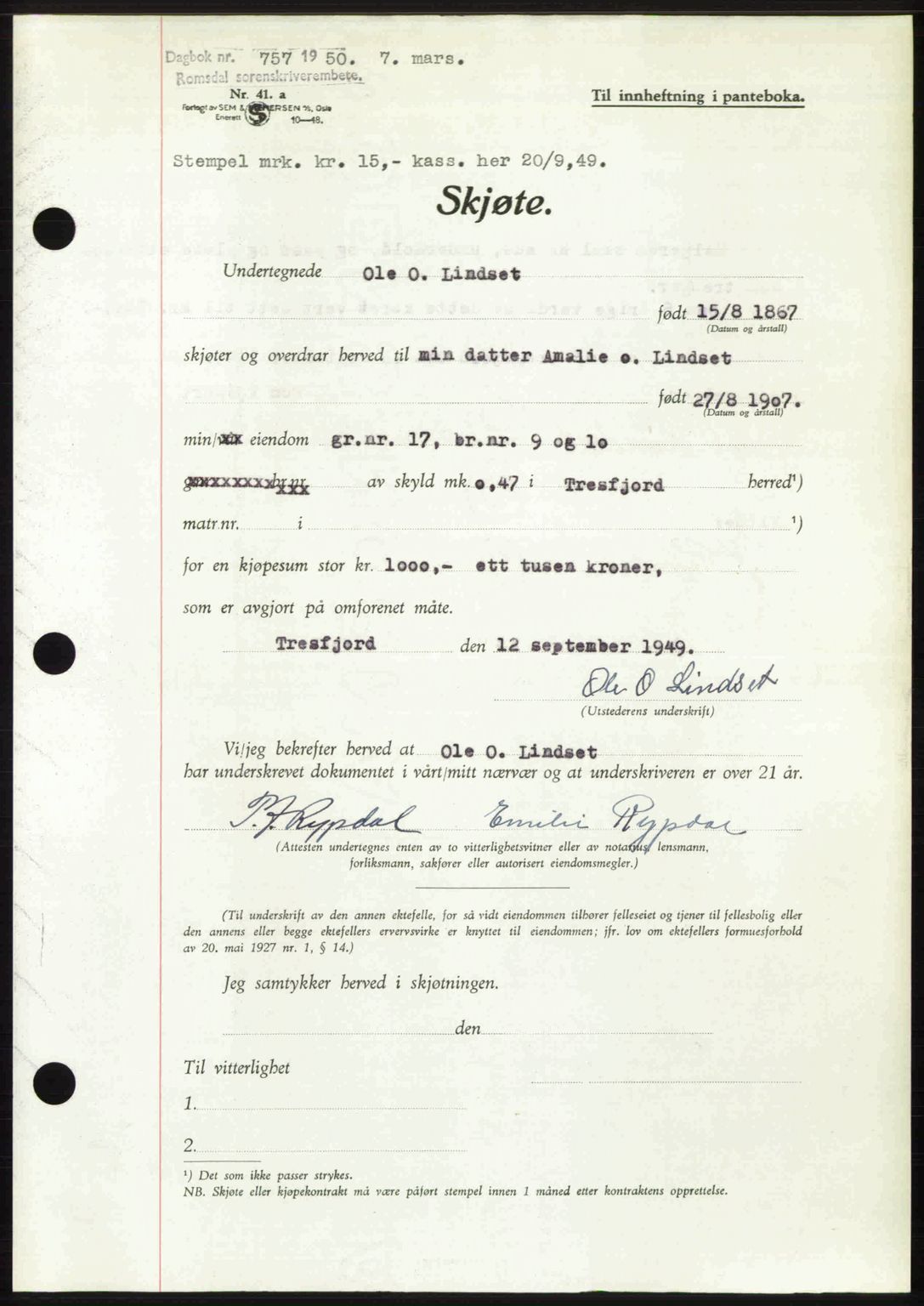 Romsdal sorenskriveri, AV/SAT-A-4149/1/2/2C: Mortgage book no. A32, 1950-1950, Diary no: : 757/1950