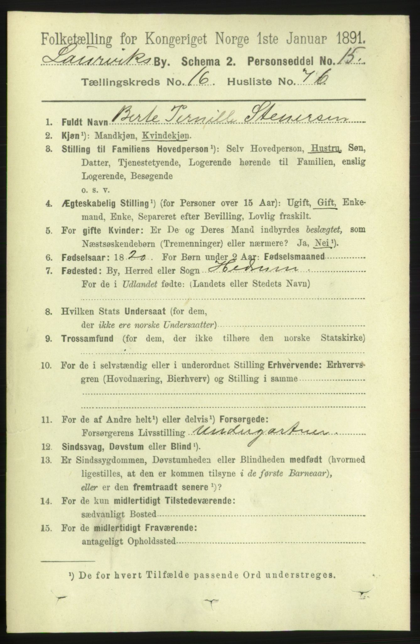 RA, 1891 census for 0707 Larvik, 1891, p. 12330