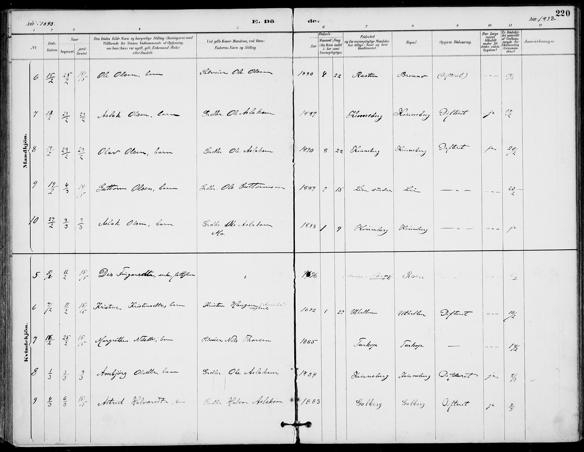 Gol kirkebøker, AV/SAKO-A-226/F/Fa/L0005: Parish register (official) no. I 5, 1887-1900, p. 220