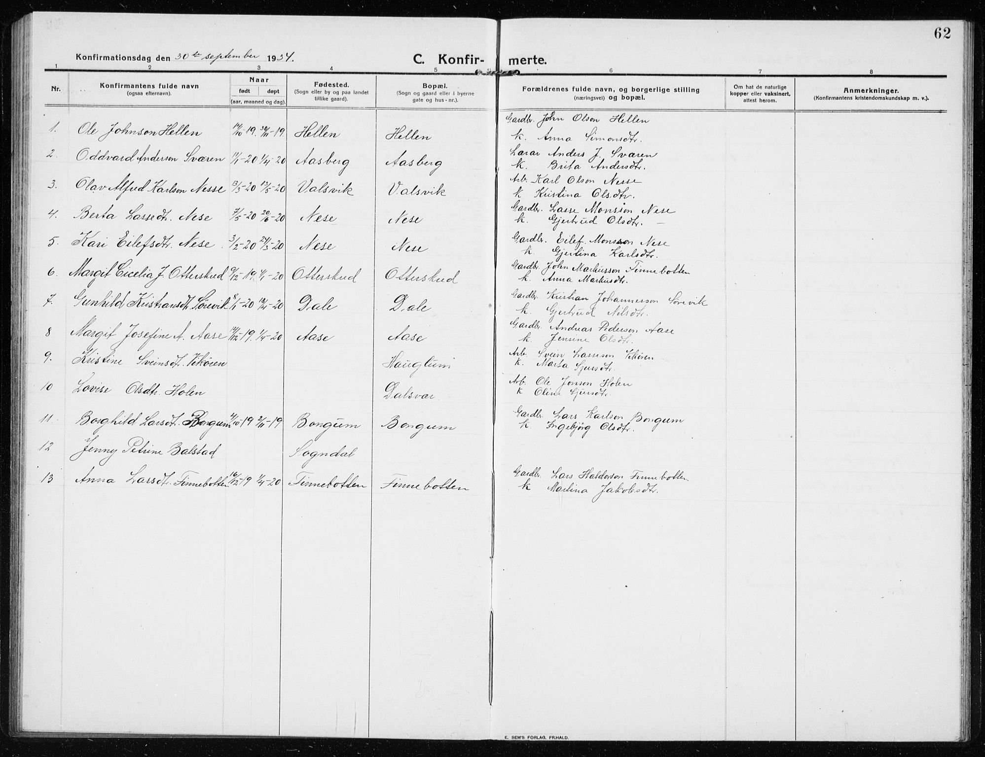 Vik sokneprestembete, AV/SAB-A-81501/H/Hab/Habb/L0004: Parish register (copy) no. B 4, 1913-1938, p. 62