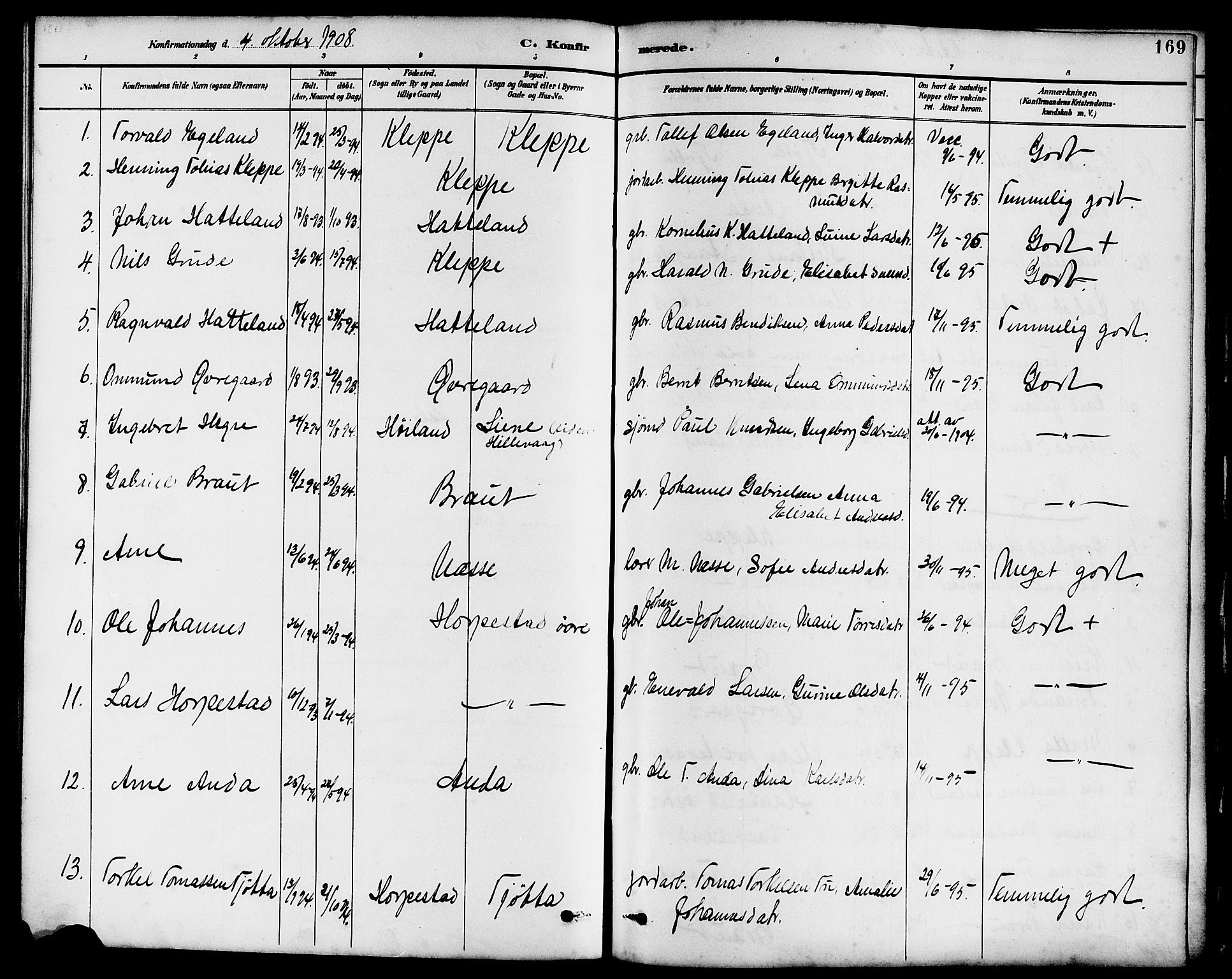Klepp sokneprestkontor, SAST/A-101803/001/3/30BB/L0004: Parish register (copy) no. B 4, 1889-1914, p. 169