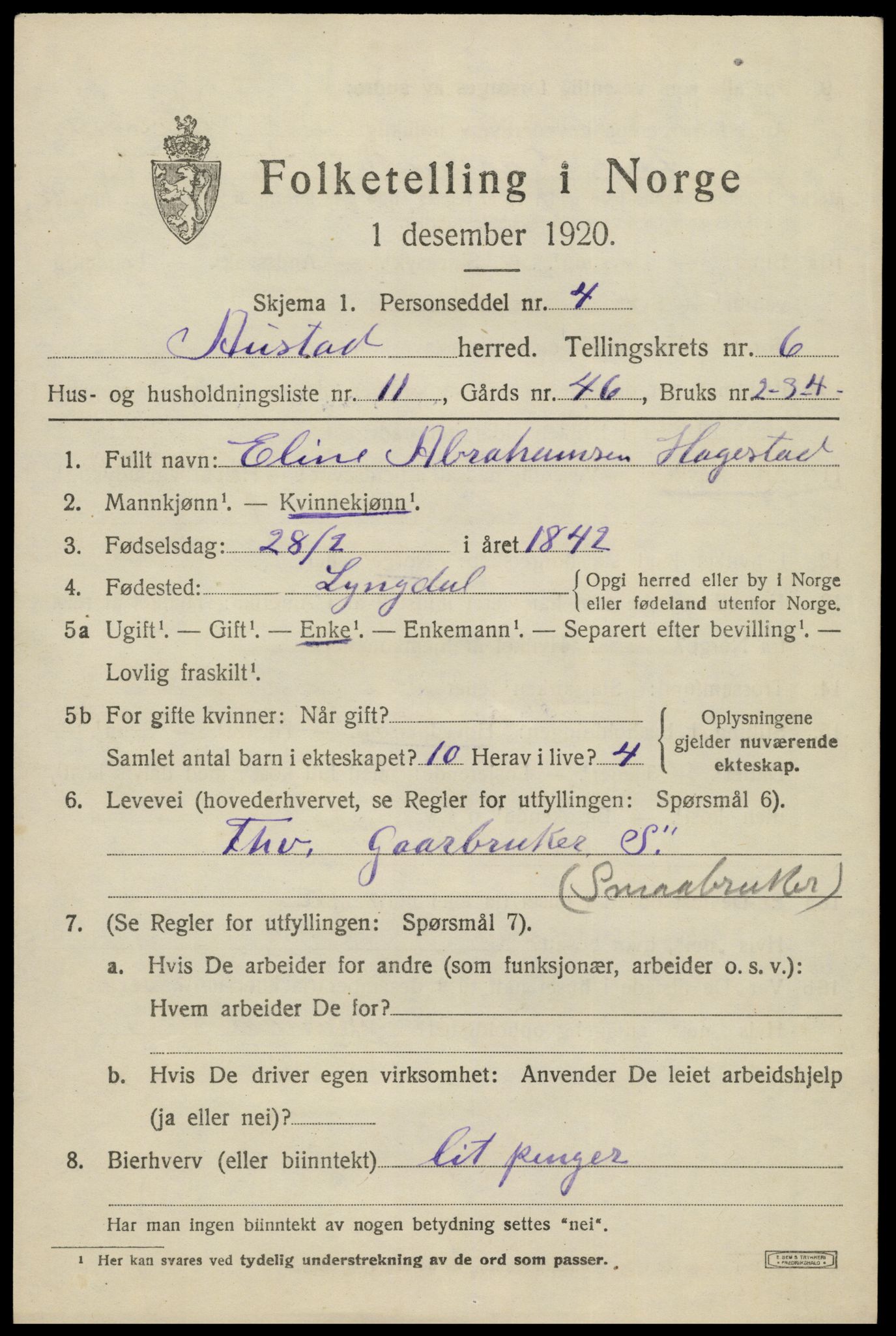 SAK, 1920 census for Austad, 1920, p. 1959