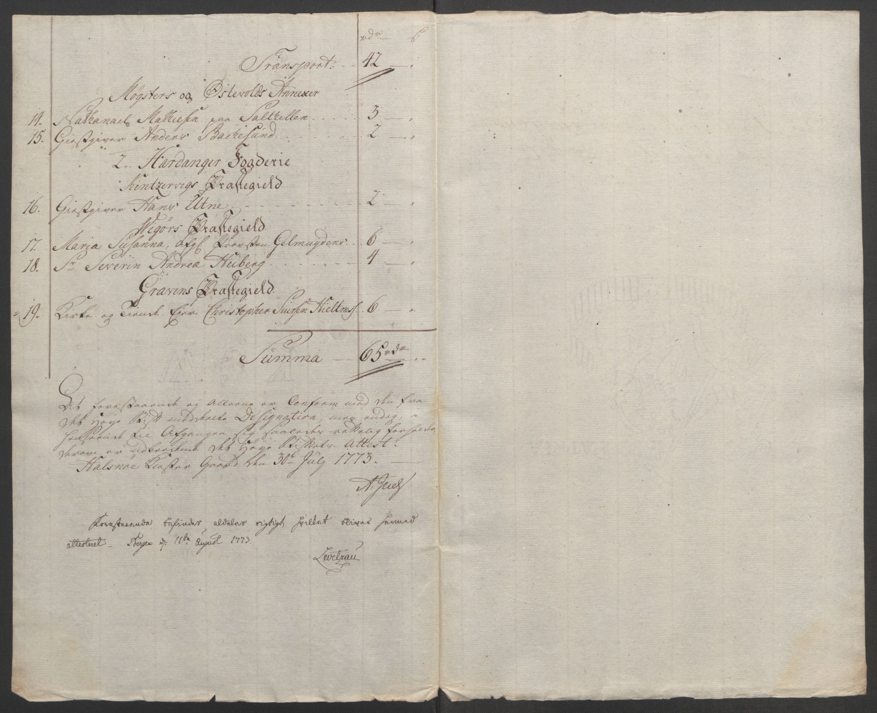 Rentekammeret inntil 1814, Reviderte regnskaper, Fogderegnskap, AV/RA-EA-4092/R48/L3136: Ekstraskatten Sunnhordland og Hardanger, 1762-1772, p. 273