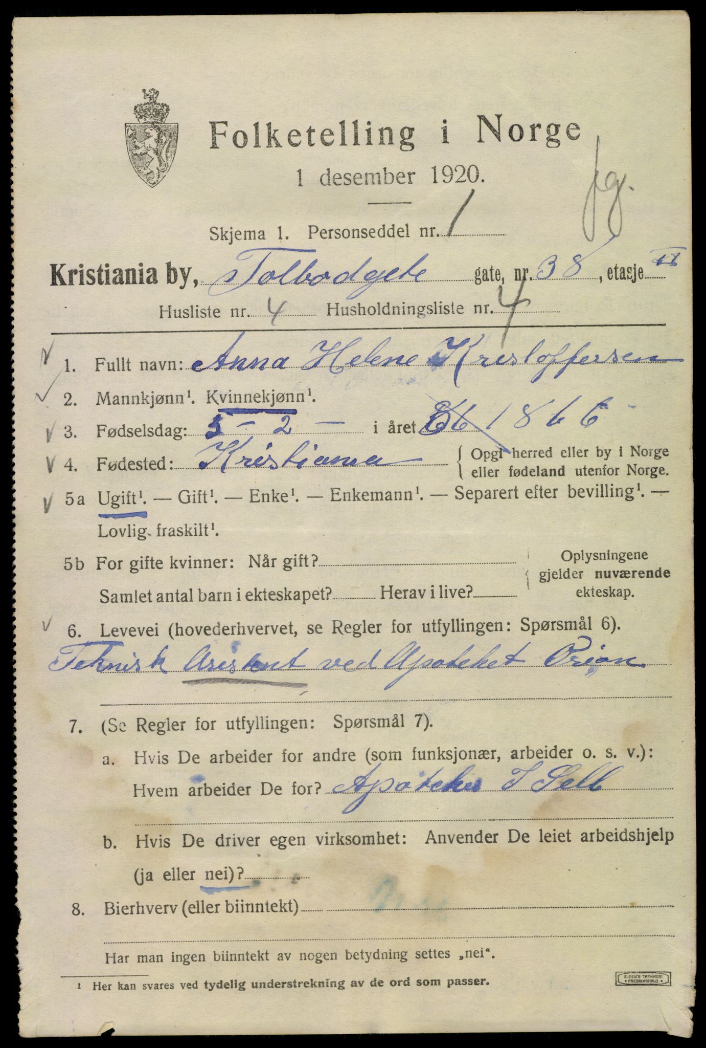 SAO, 1920 census for Kristiania, 1920, p. 588807