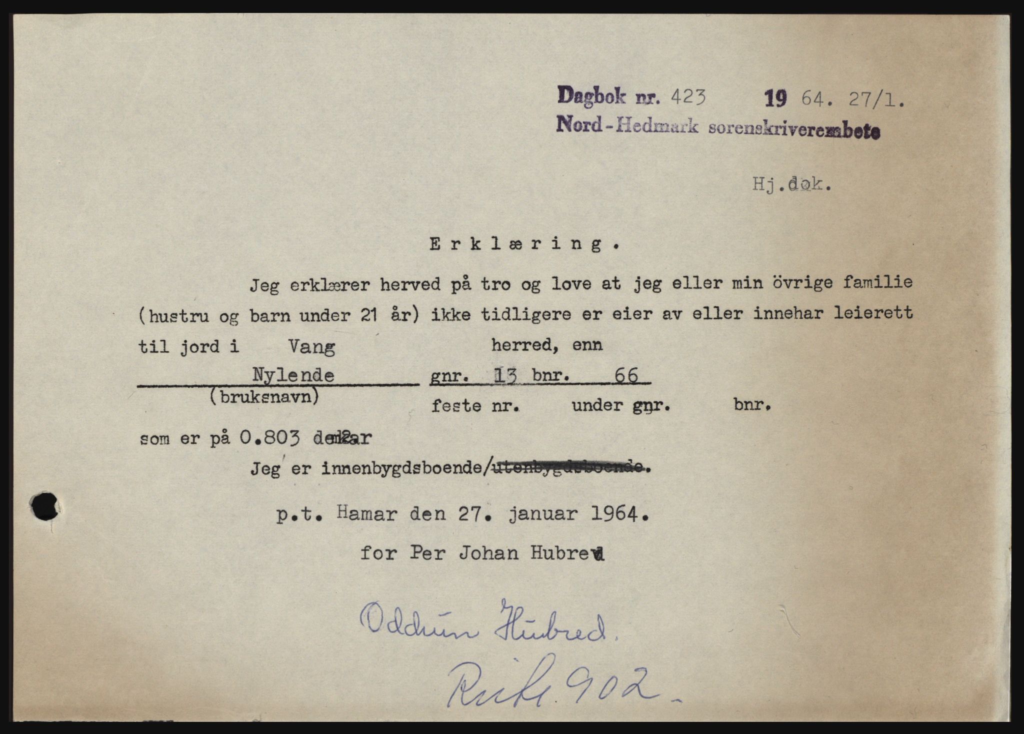 Nord-Hedmark sorenskriveri, SAH/TING-012/H/Hc/L0019: Mortgage book no. 19, 1963-1964, Diary no: : 423/1964