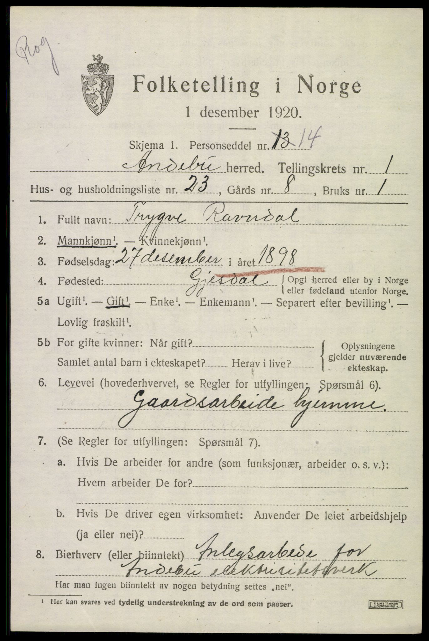 SAKO, 1920 census for Andebu, 1920, p. 1476