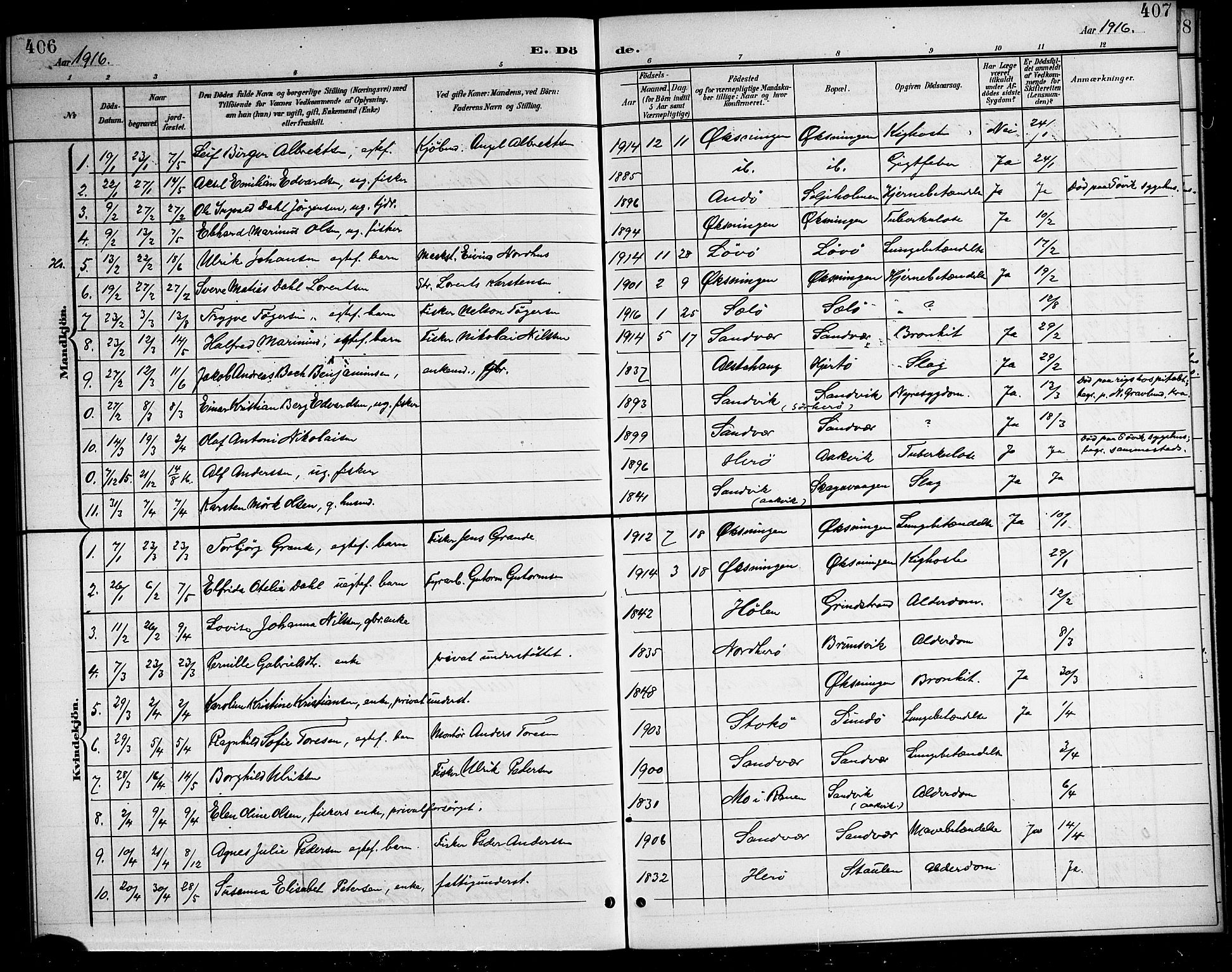 Ministerialprotokoller, klokkerbøker og fødselsregistre - Nordland, AV/SAT-A-1459/834/L0516: Parish register (copy) no. 834C06, 1902-1918, p. 406-407