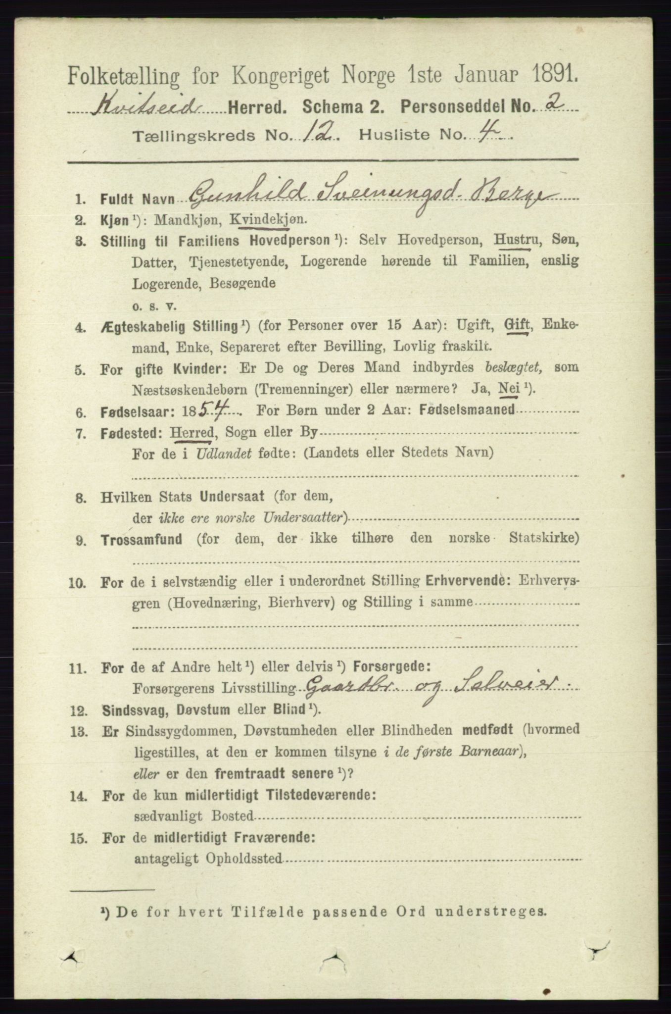 RA, 1891 census for 0829 Kviteseid, 1891, p. 2857